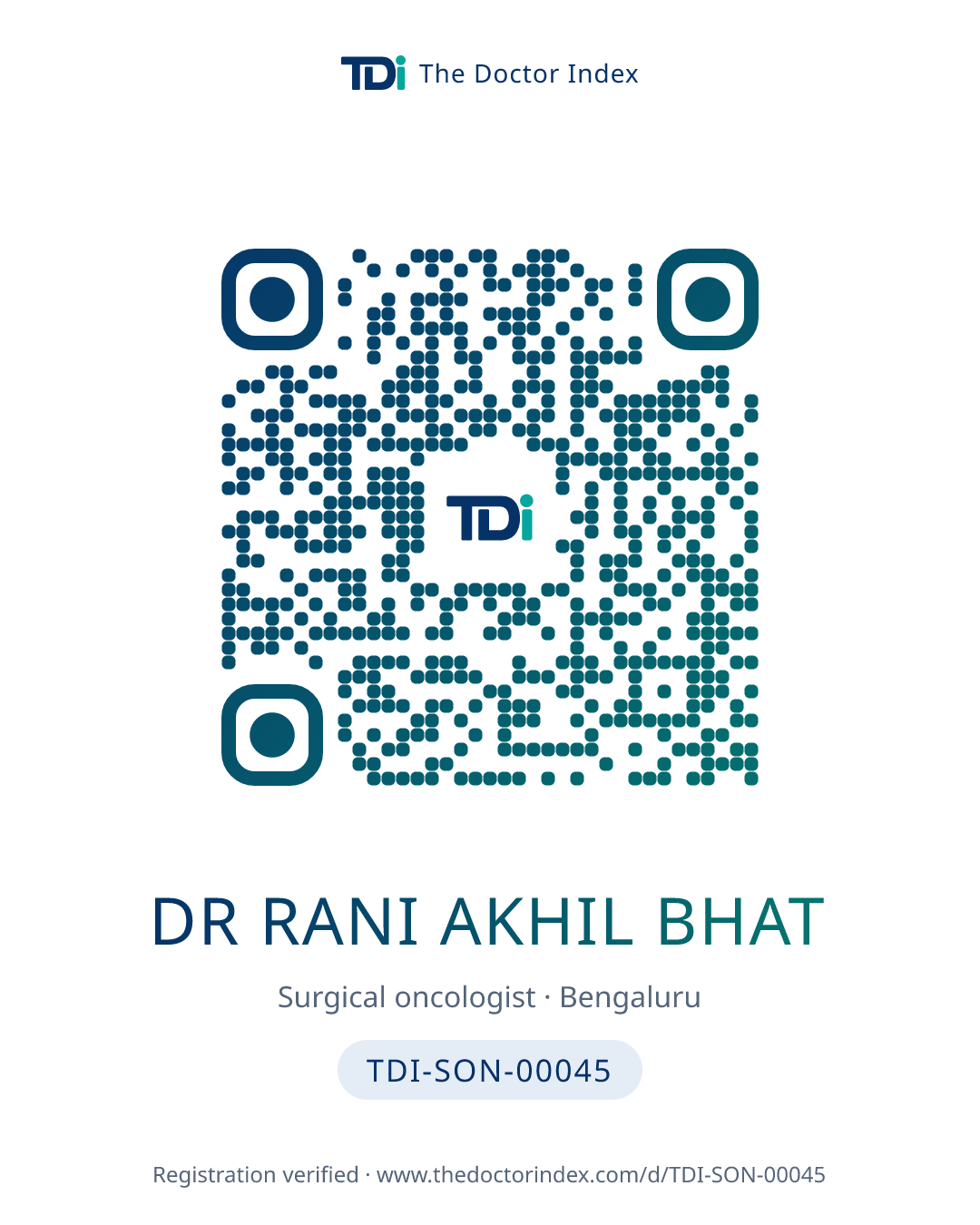 QR card for Dr Rani Akhil Bhat, TDI-SON-00045