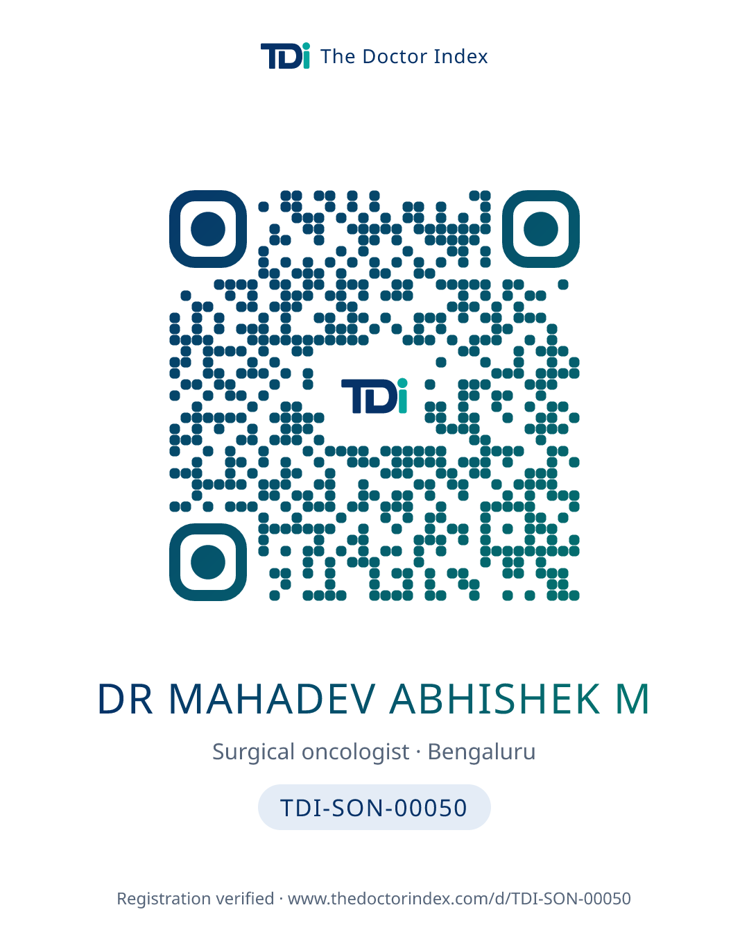 QR card for Dr Mahadev Abhishek M, TDI-SON-00050