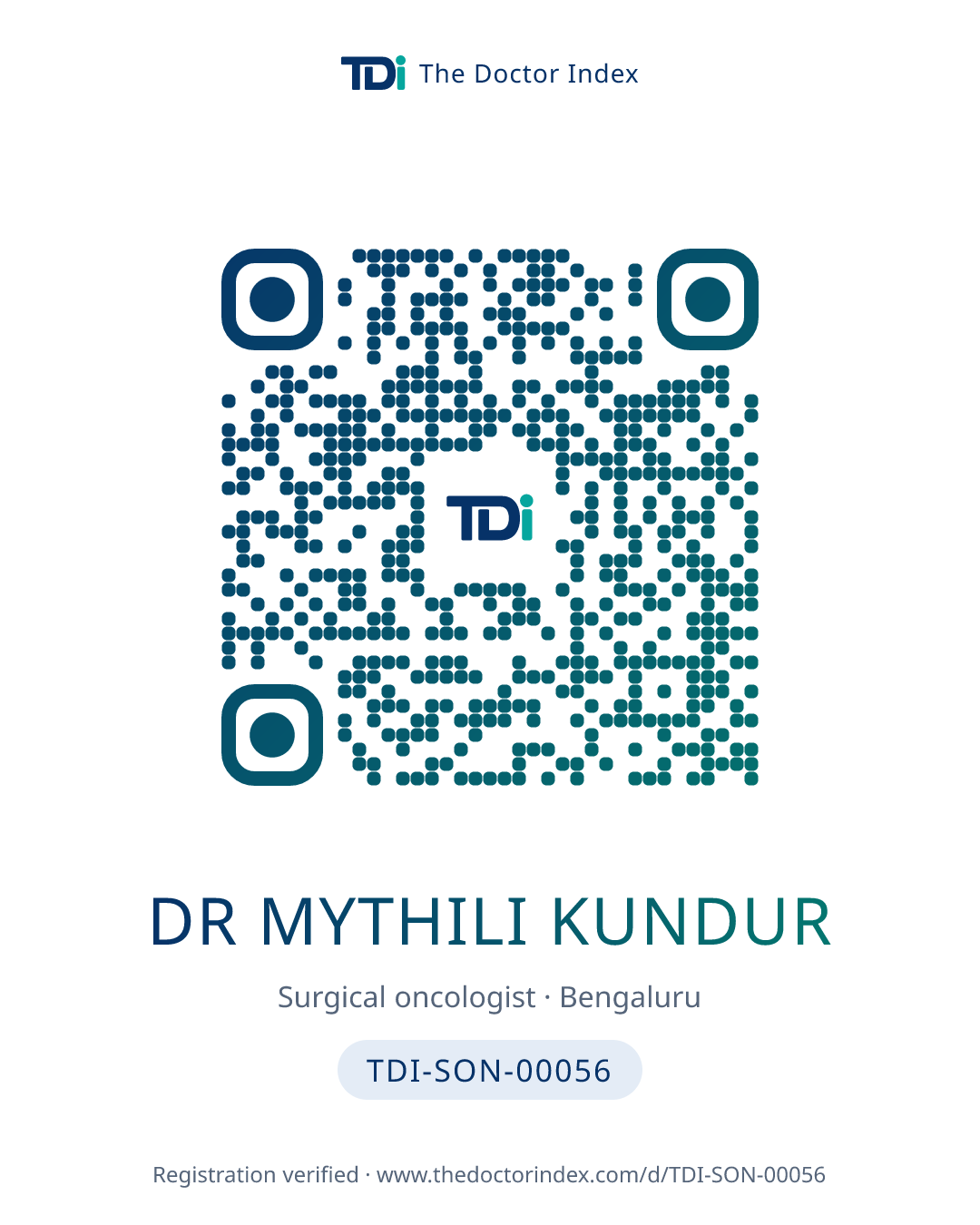 QR card for Dr Mythili Kundur, TDI-SON-00056