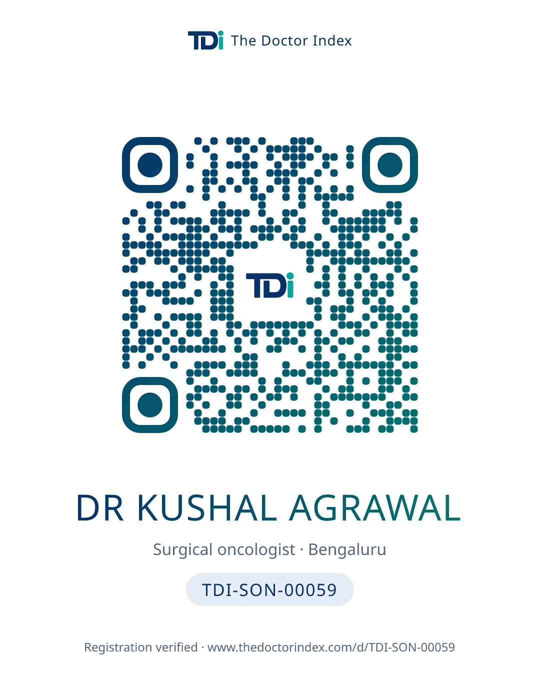 QR card for Dr Kushal Agrawal, TDI-SON-00059