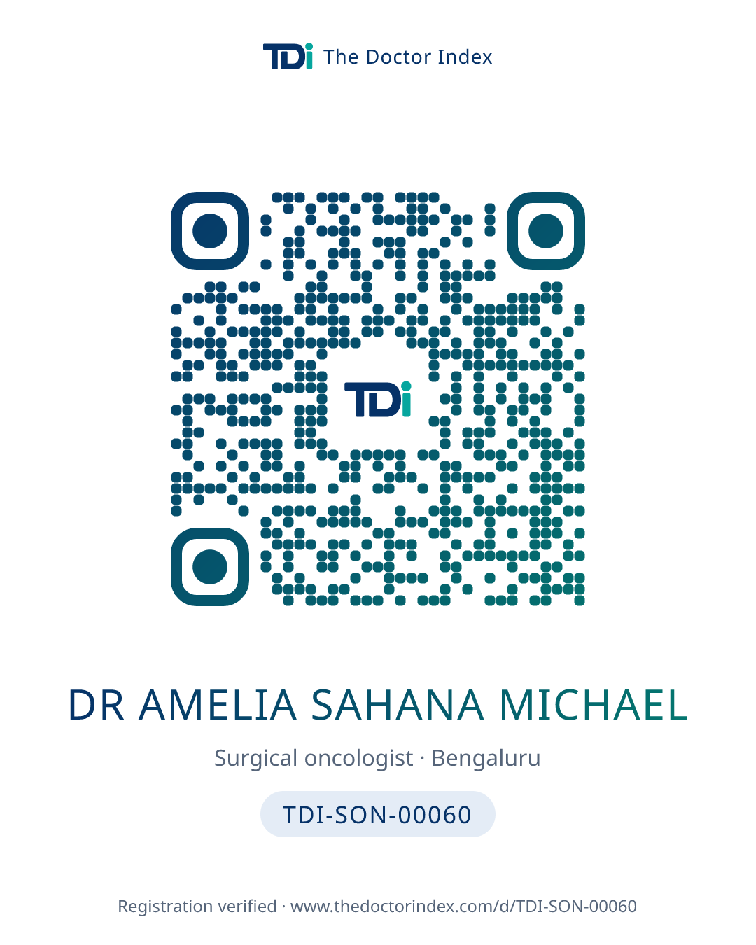 QR card for Dr Amelia Sahana Michael, TDI-SON-00060