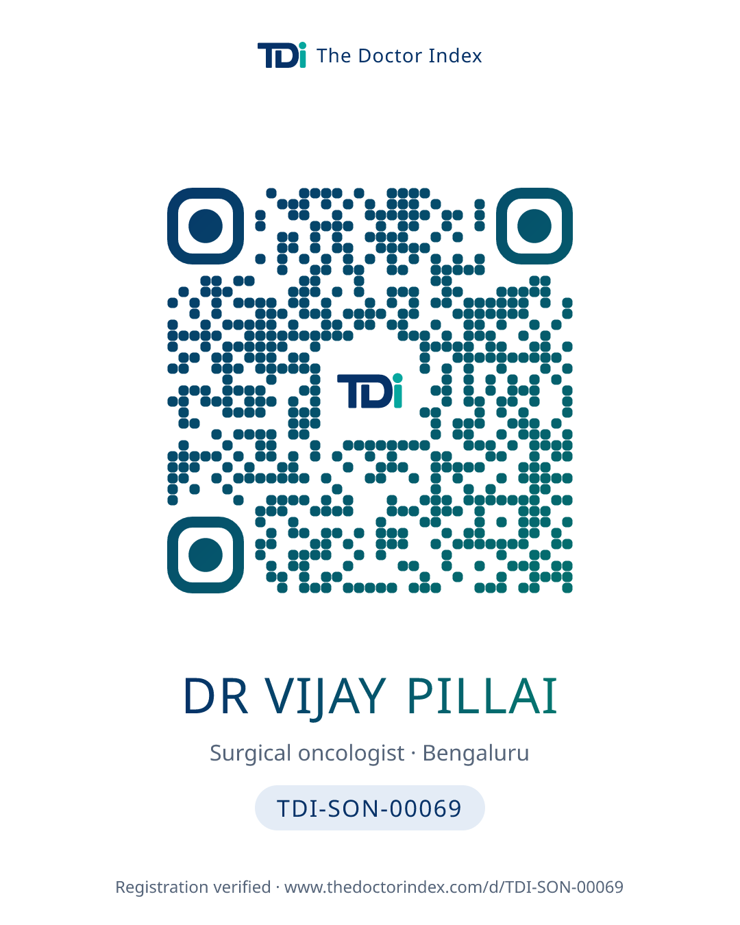 QR card for Dr Vijay Pillai, TDI-SON-00069