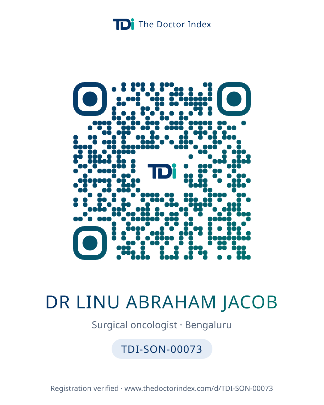 QR card for Dr Linu Abraham Jacob, TDI-SON-00073