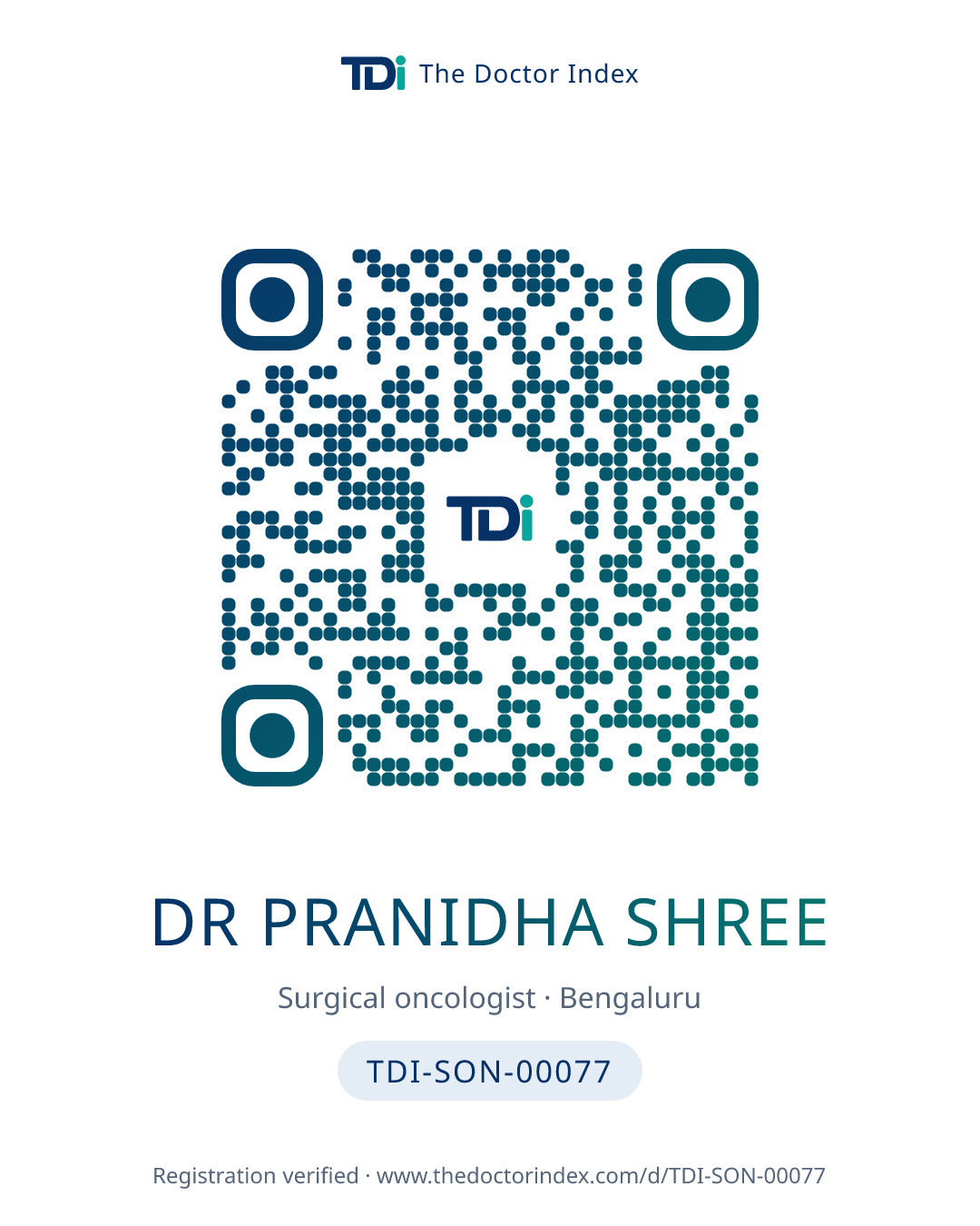 QR card for Dr Pranidha Shree, TDI-SON-00077