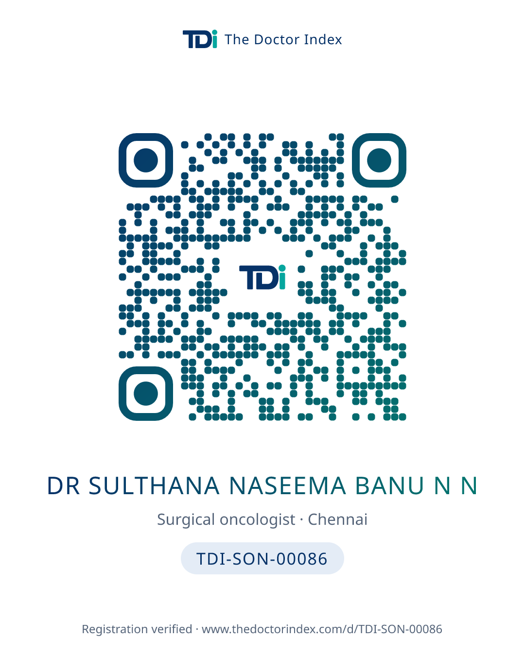 QR card for Dr Sulthana Naseema Banu N N, TDI-SON-00086