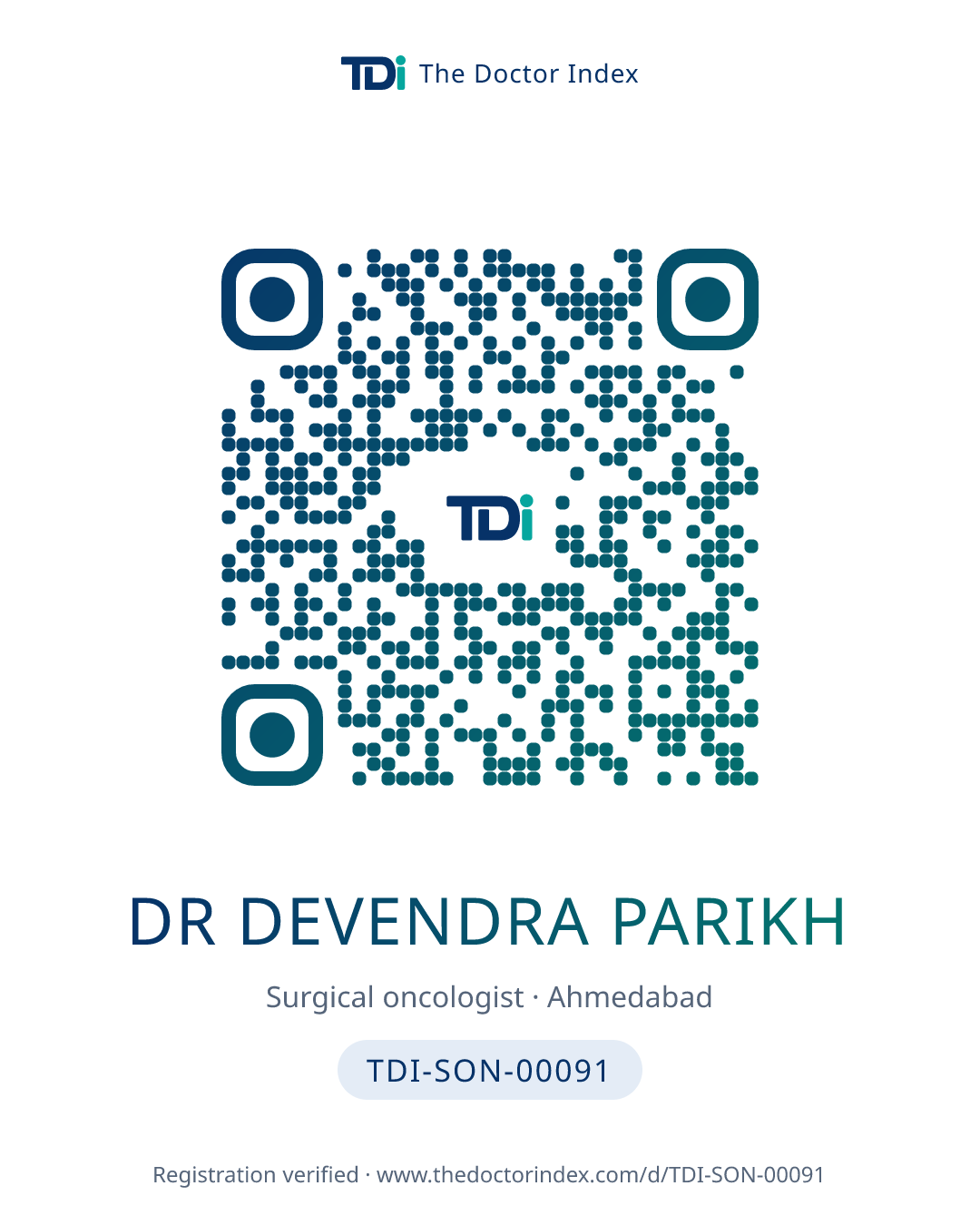 QR card for Dr Devendra Parikh, TDI-SON-00091