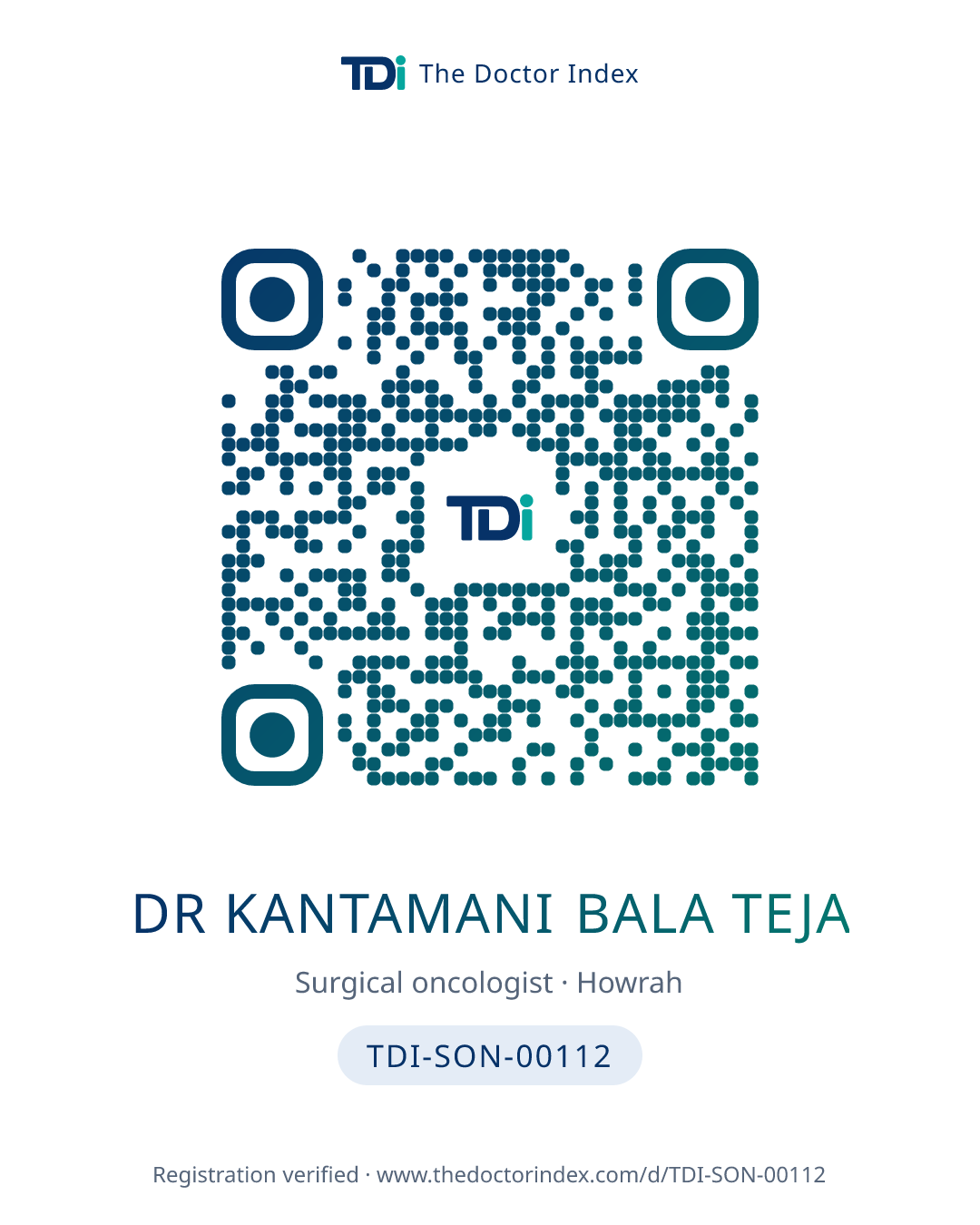 QR card for Dr Kantamani Bala Teja, TDI-SON-00112