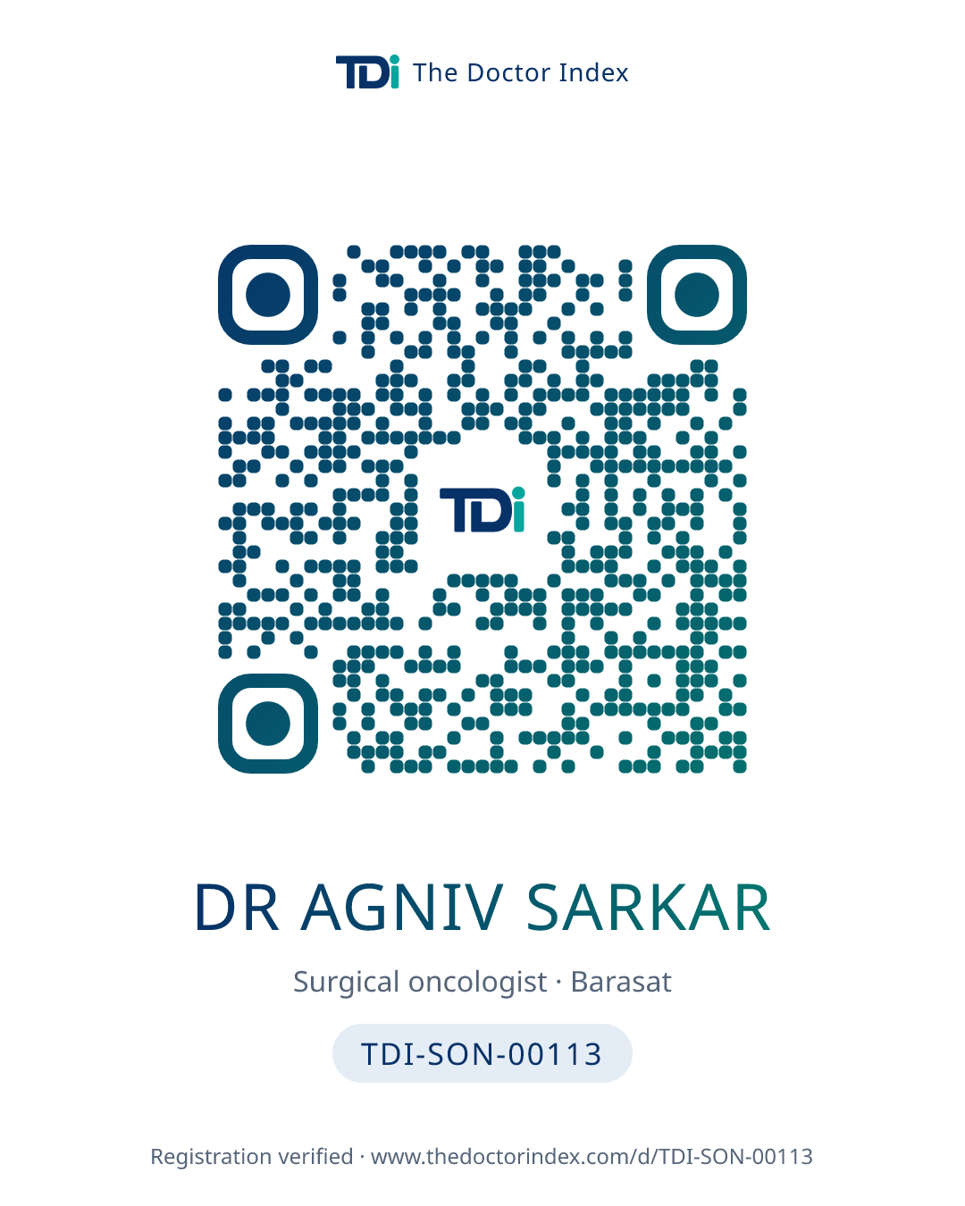 QR card for Dr Agniv Sarkar, TDI-SON-00113