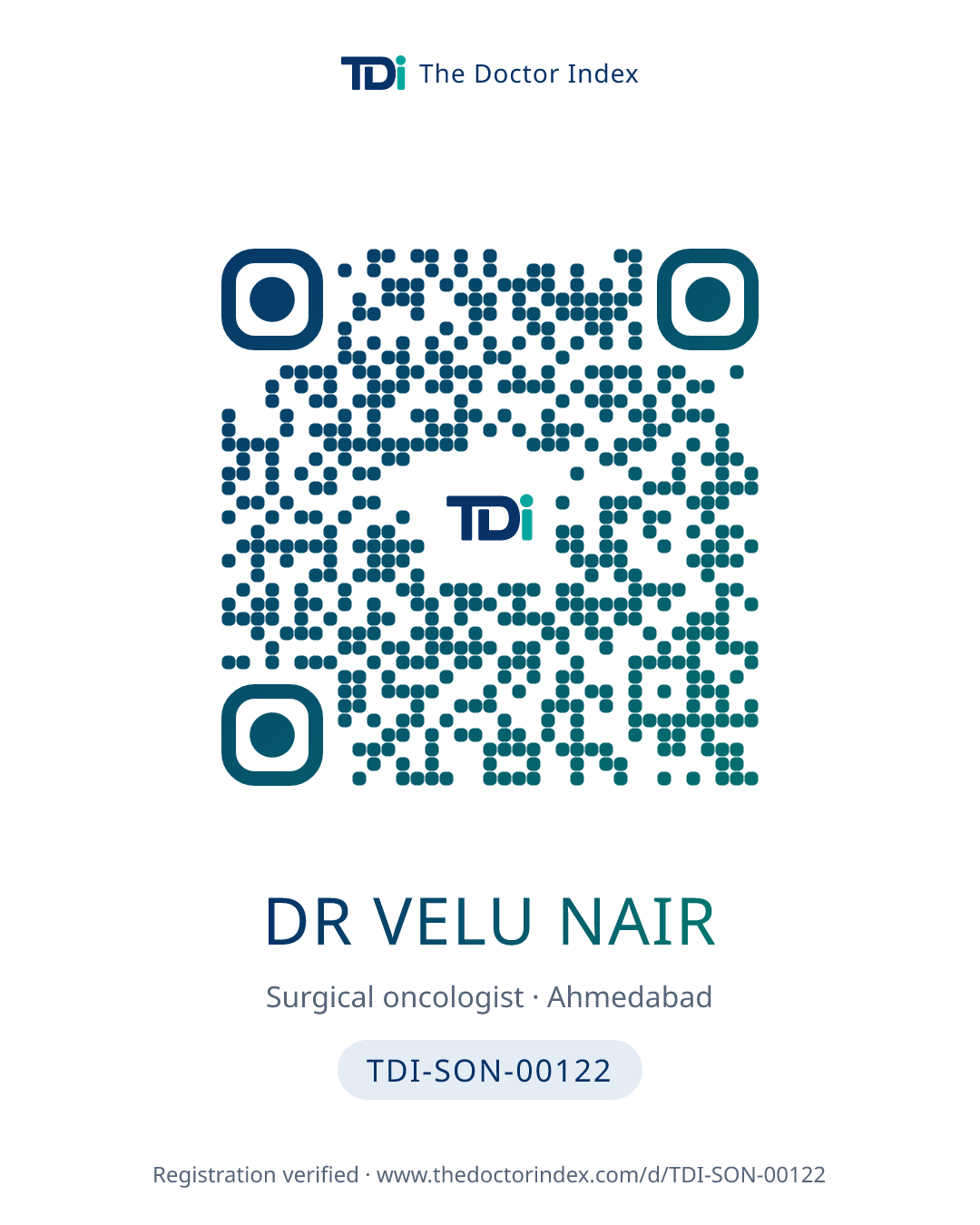 QR card for Dr Velu Nair, TDI-SON-00122