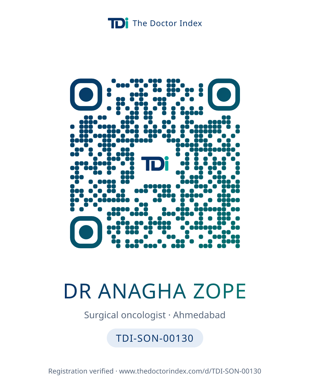 QR card for Dr Anagha Zope, TDI-SON-00130