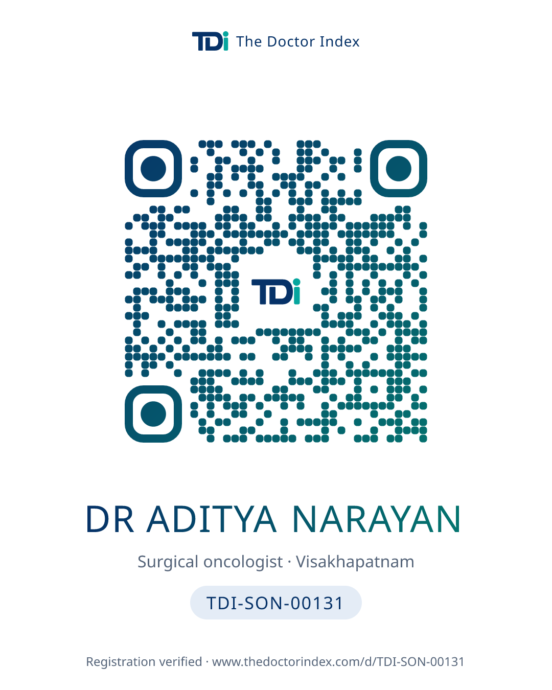 QR card for Dr Aditya Narayan, TDI-SON-00131