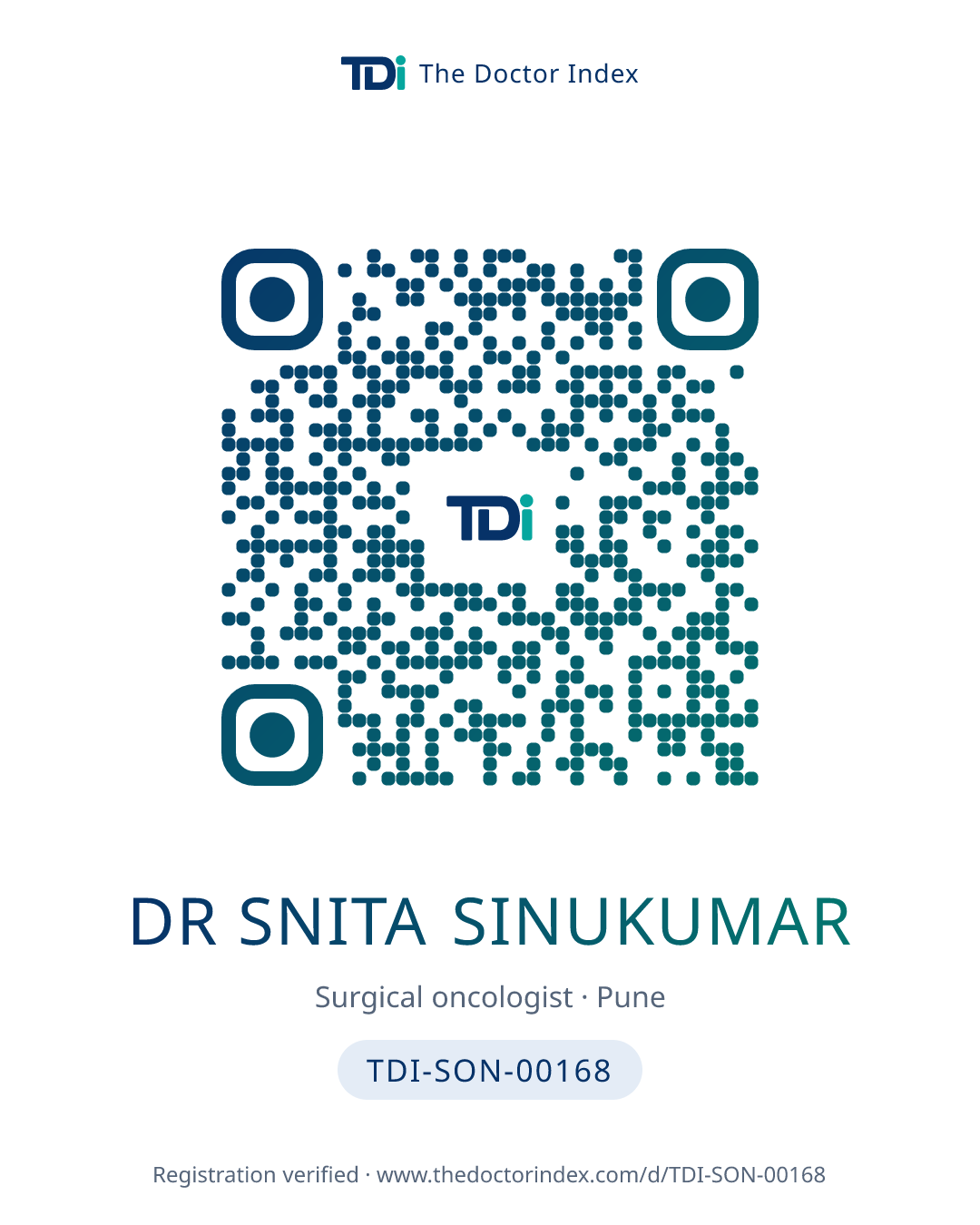 QR card for Dr Snita Sinukumar, TDI-SON-00168