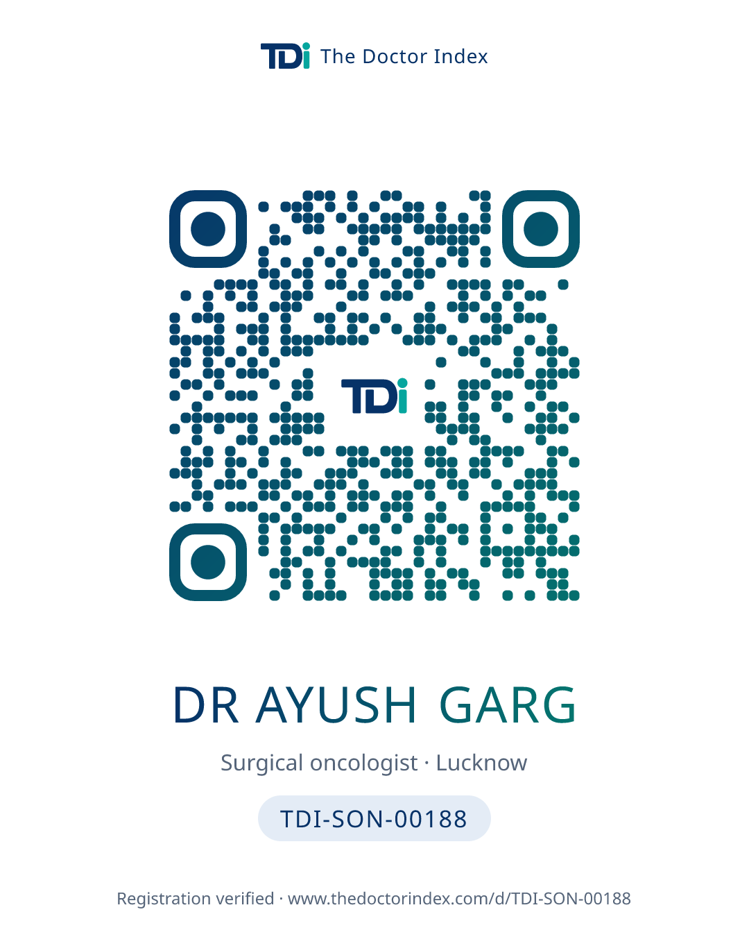 QR card for Dr Ayush Garg, TDI-SON-00188
