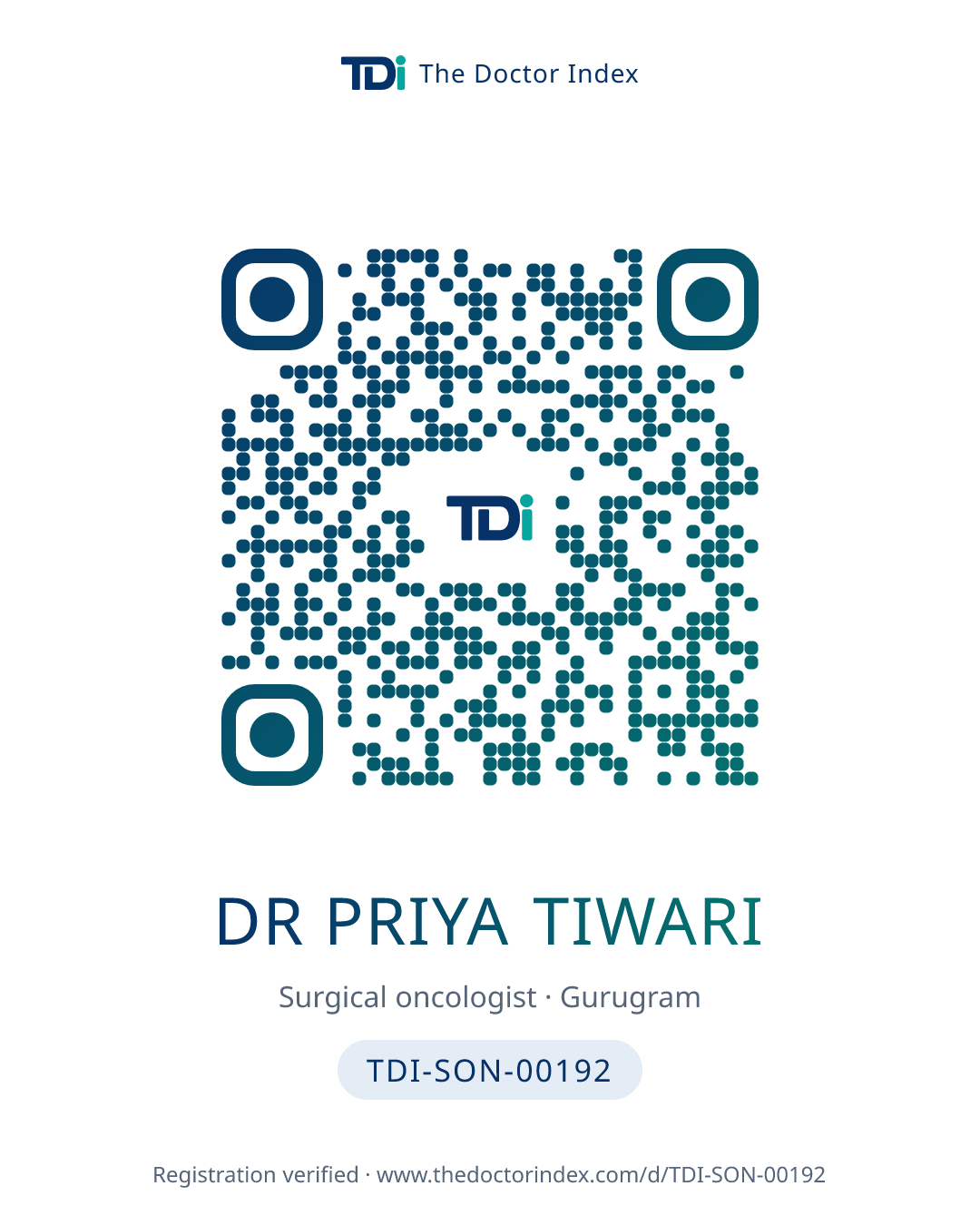 QR card for Dr Priya Tiwari, TDI-SON-00192