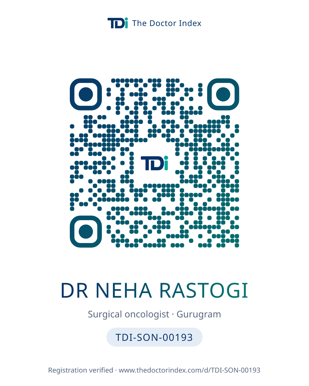 QR card for Dr Neha Rastogi, TDI-SON-00193