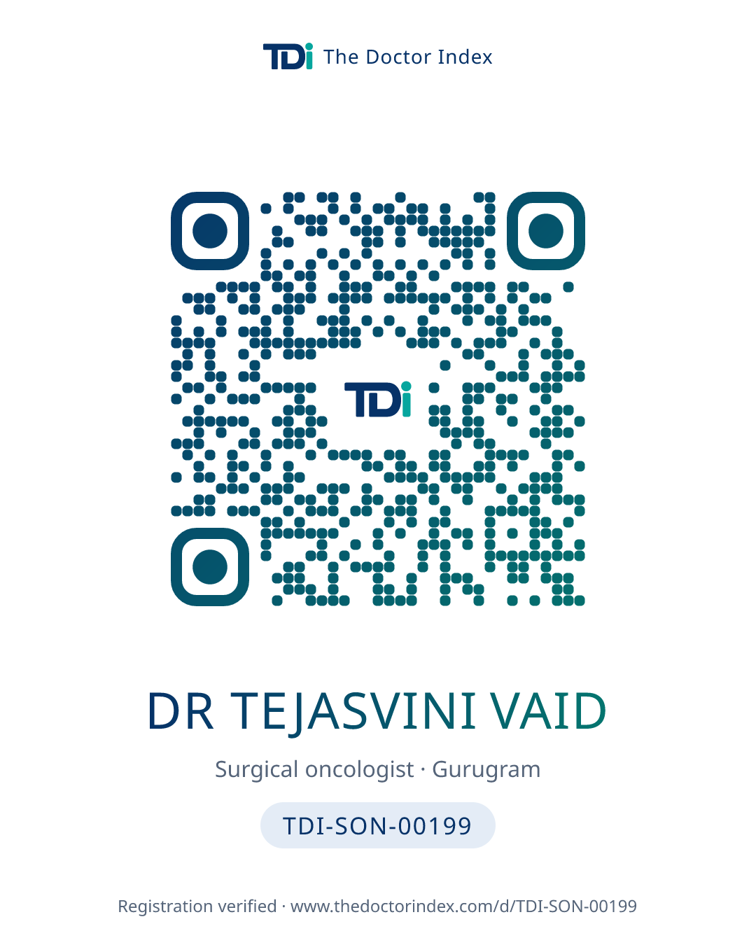 QR card for Dr Tejasvini Vaid, TDI-SON-00199