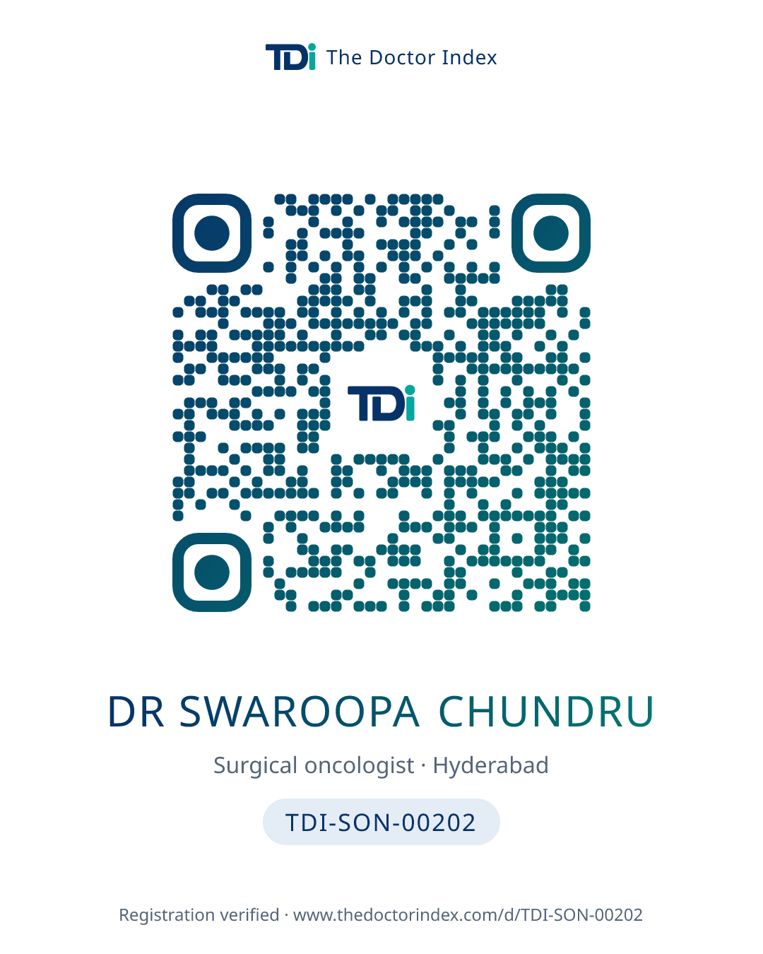 QR card for Dr Swaroopa Chundru, TDI-SON-00202