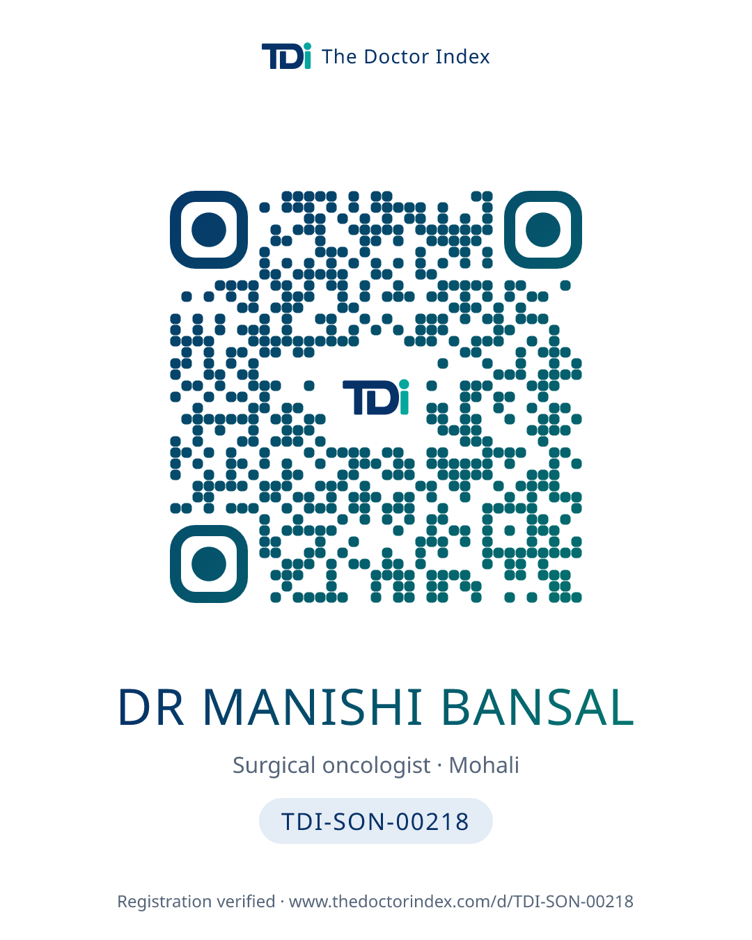 QR card for Dr Manishi Bansal, TDI-SON-00218