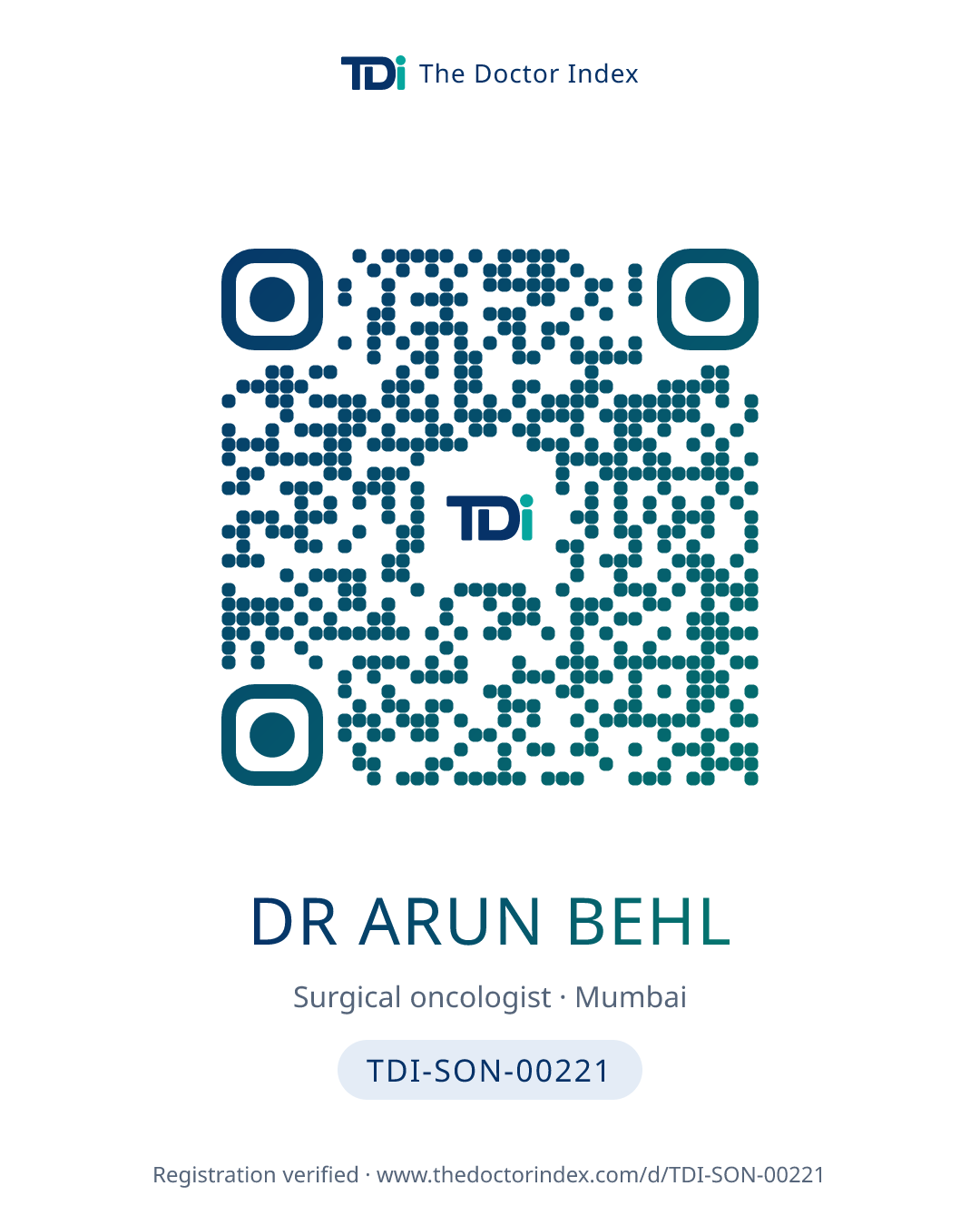 QR card for Dr Arun Behl, TDI-SON-00221