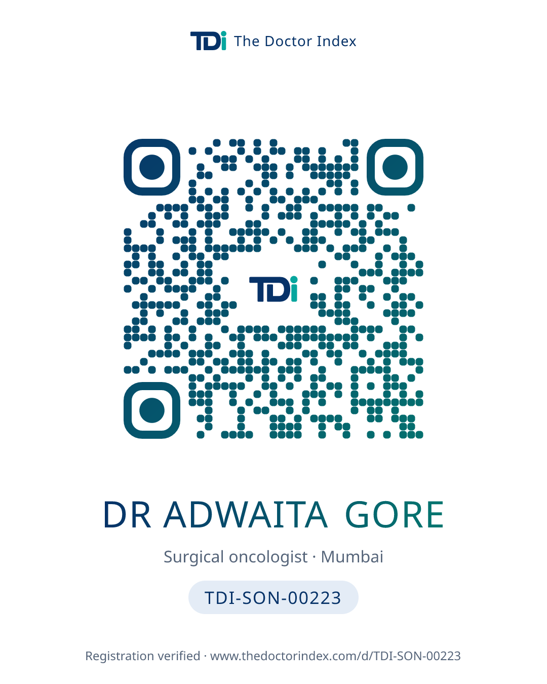 QR card for Dr Adwaita Gore, TDI-SON-00223