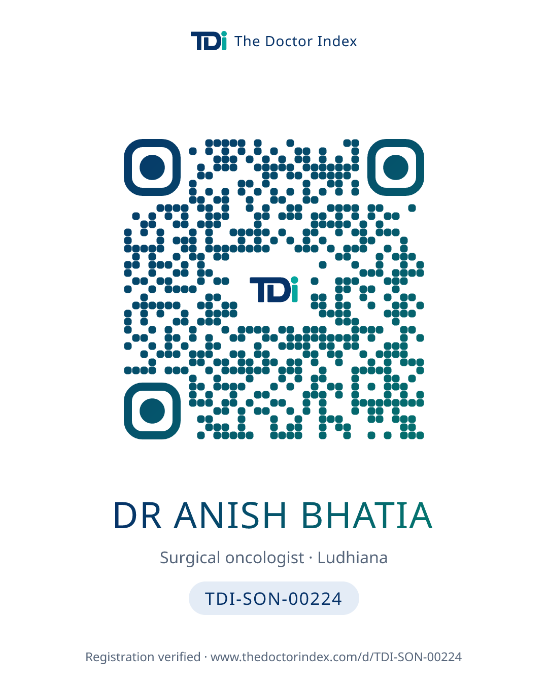QR card for Dr Anish Bhatia, TDI-SON-00224