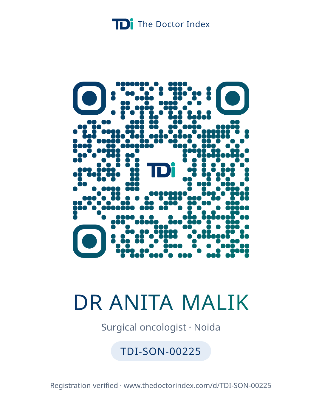 QR card for Dr Anita Malik, TDI-SON-00225