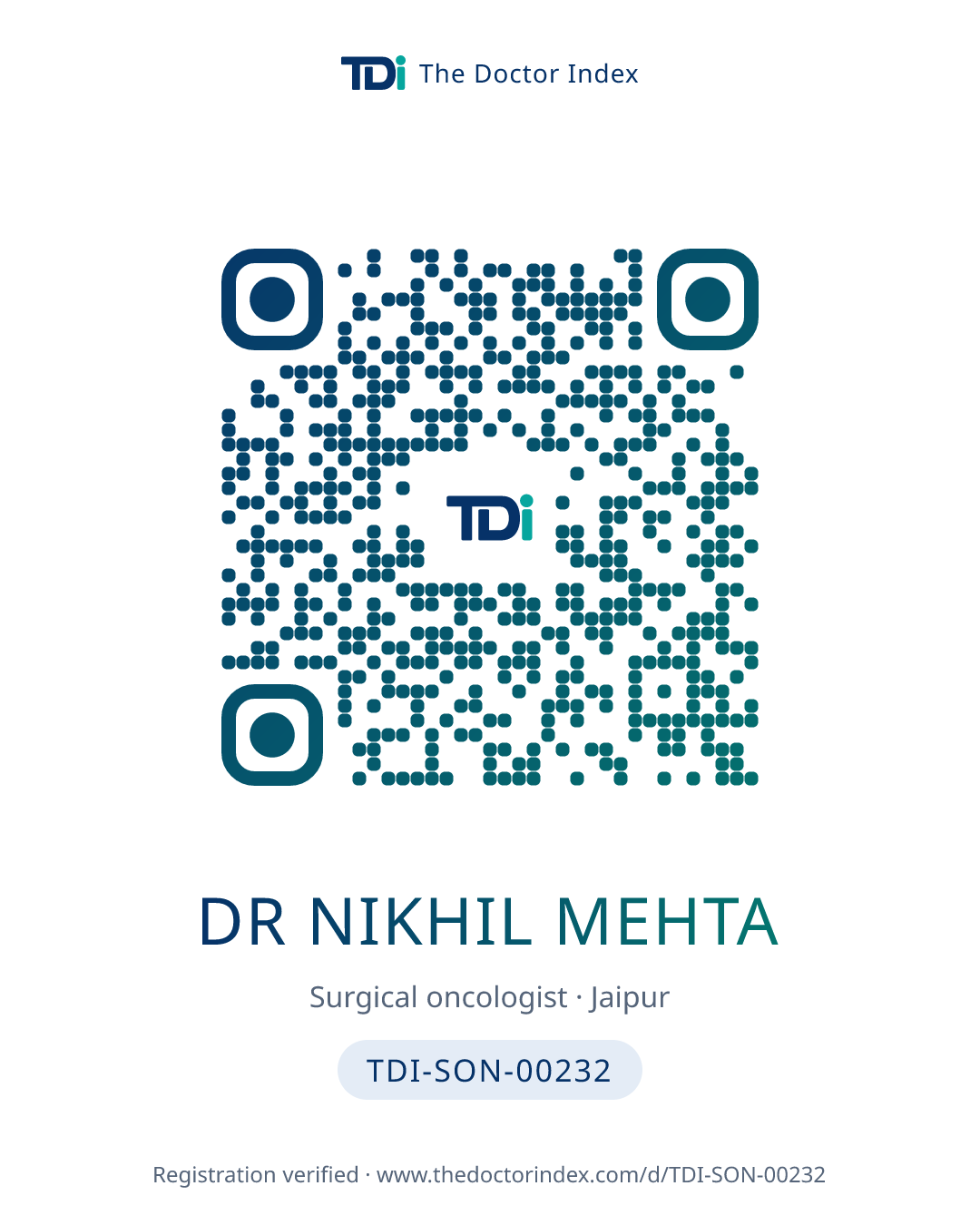 QR card for Dr Nikhil Mehta, TDI-SON-00232