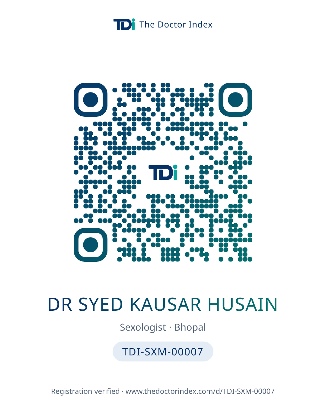 QR card for Dr Syed Kausar Husain, TDI-SXM-00007
