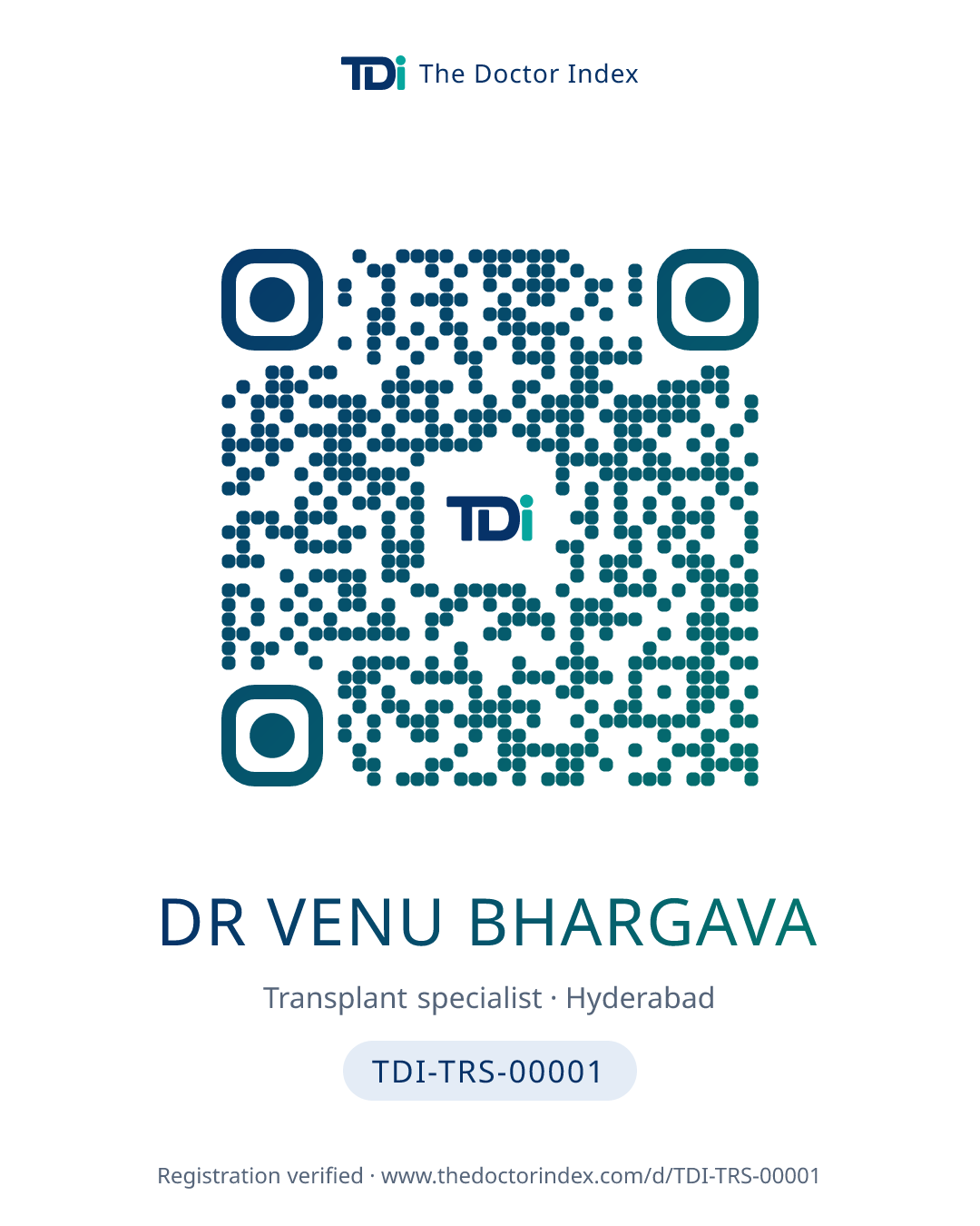 QR card for Dr Venu Bhargava, TDI-TRS-00001