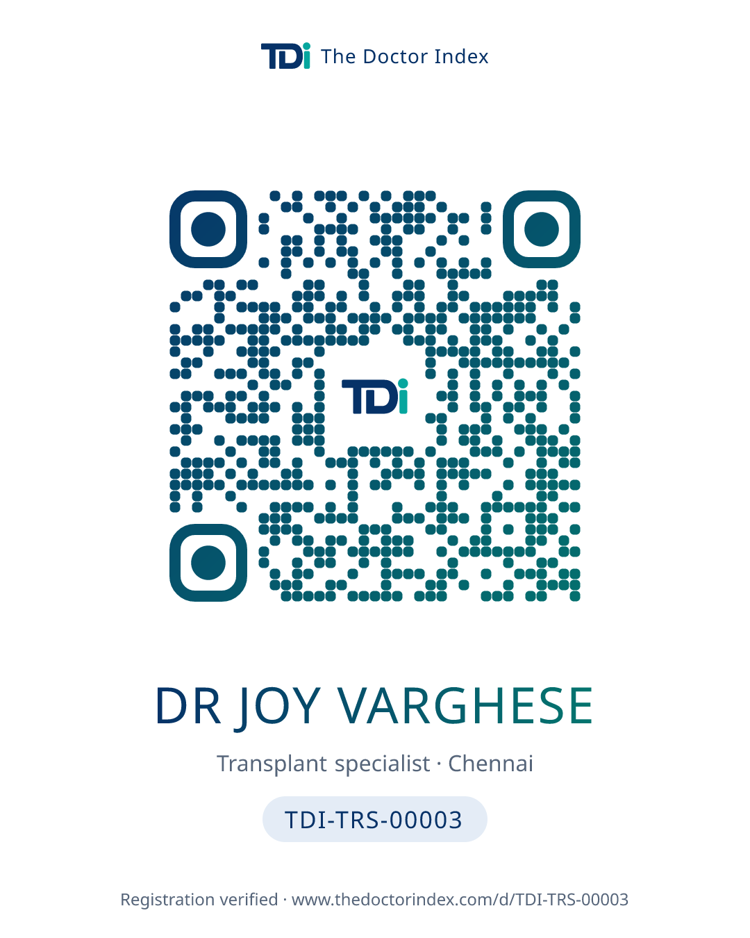 QR card for Dr Joy Varghese, TDI-TRS-00003