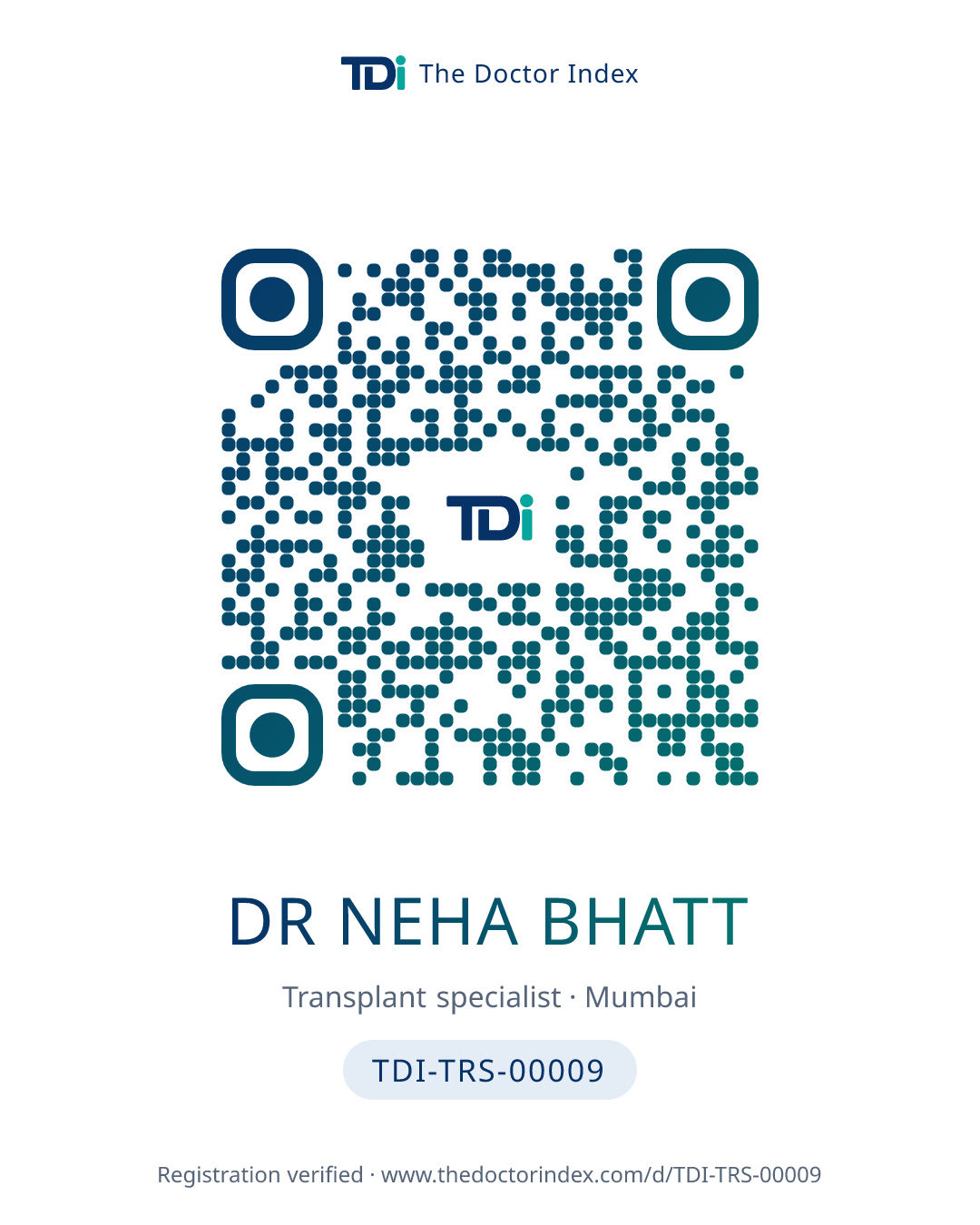QR card for Dr Neha Bhatt, TDI-TRS-00009