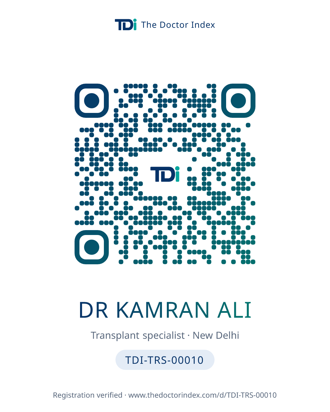 QR card for Dr Kamran Ali, TDI-TRS-00010