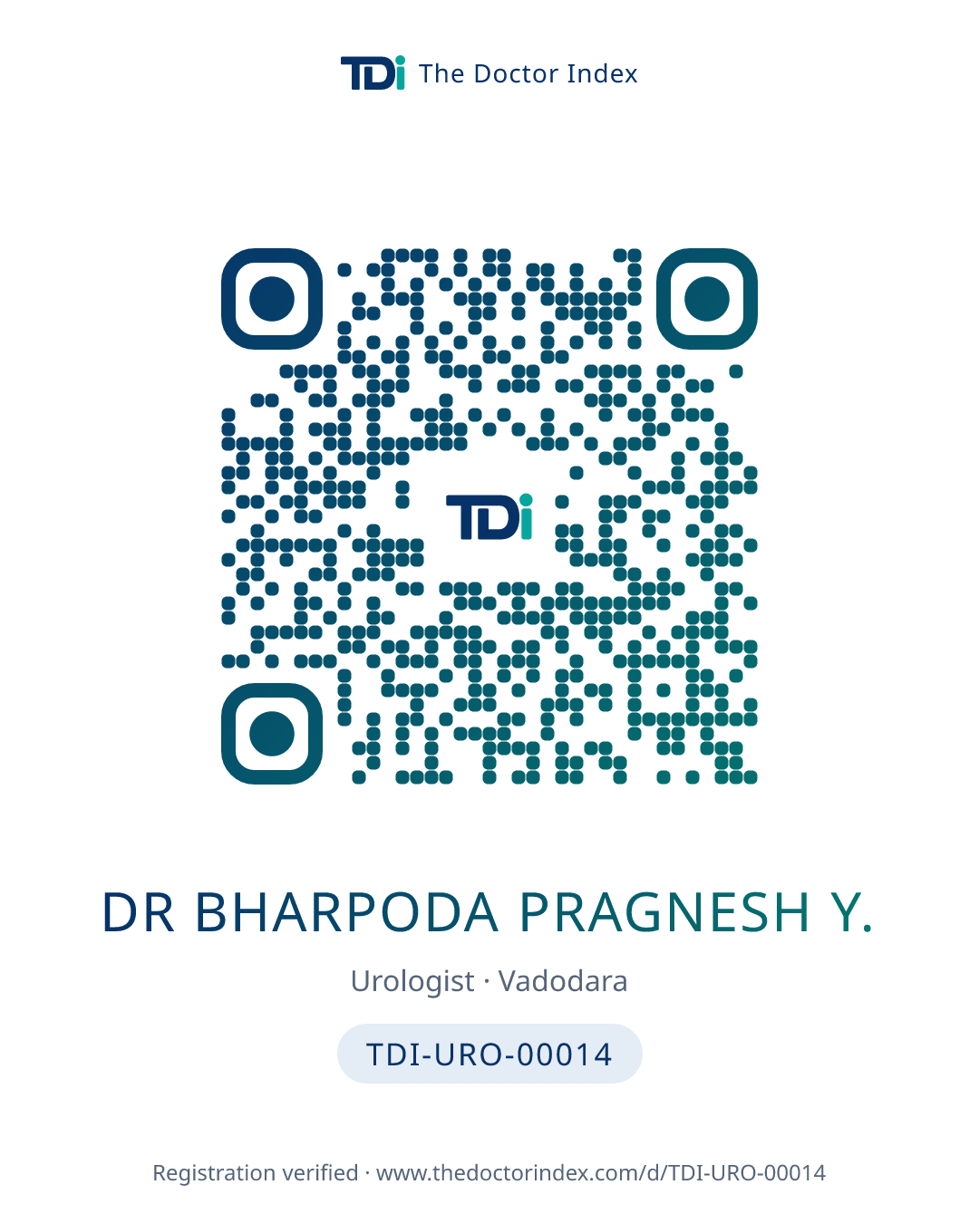QR card for Dr Bharpoda Pragnesh Y., TDI-URO-00014