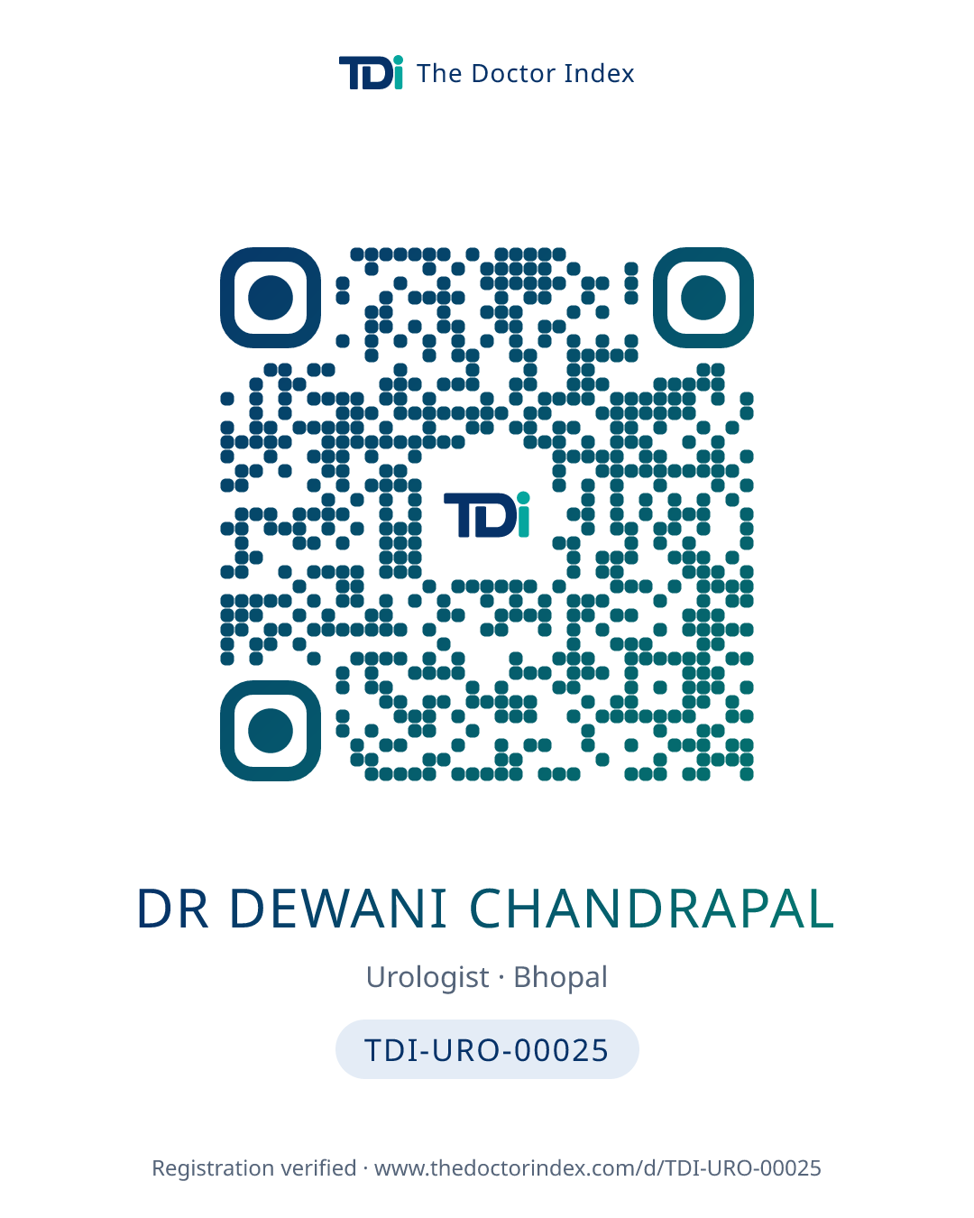 QR card for Dr Dewani Chandrapal, TDI-URO-00025