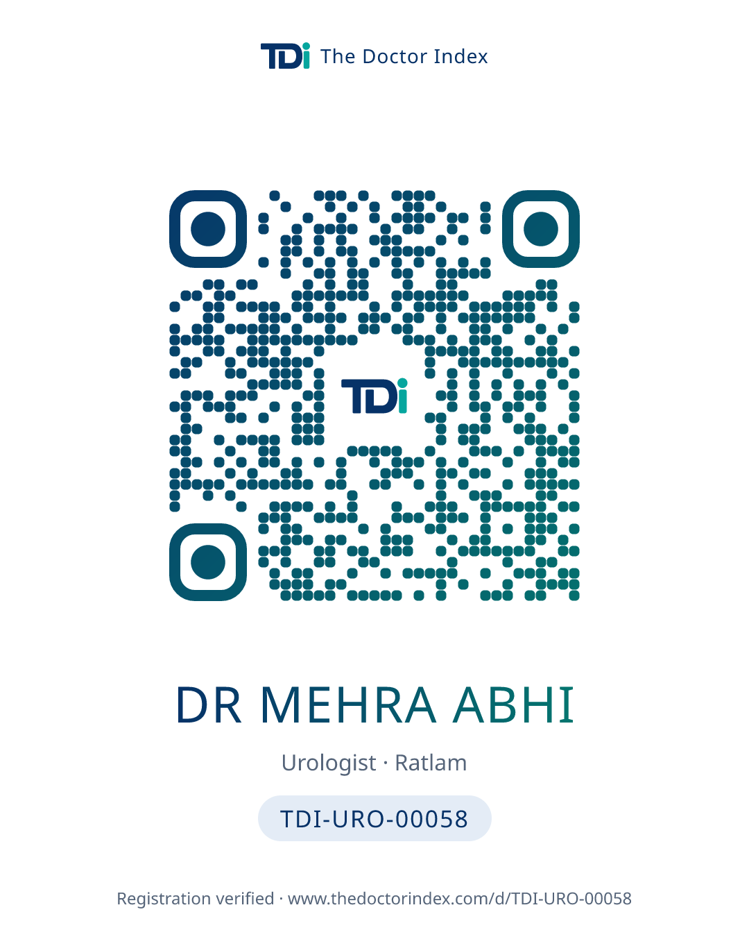 QR card for Dr Mehra Abhi, TDI-URO-00058