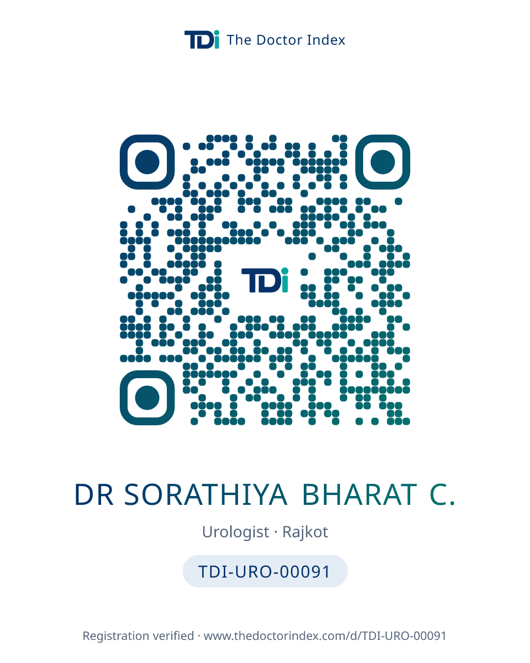 QR card for Dr Sorathiya Bharat C., TDI-URO-00091