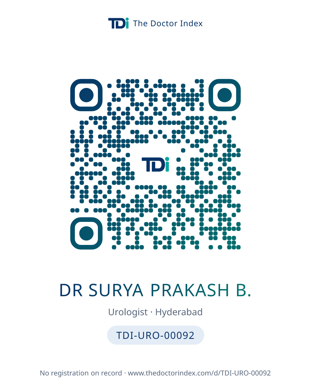 QR card for Dr Surya Prakash B., TDI-URO-00092