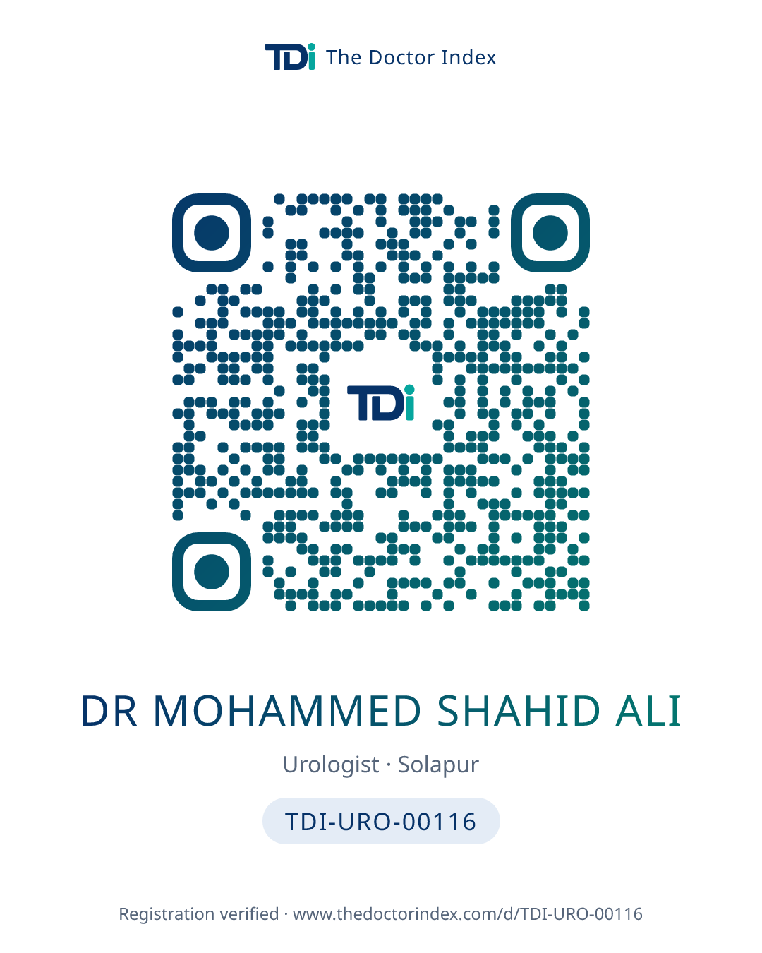 QR card for Dr Mohammed Shahid Ali, TDI-URO-00116