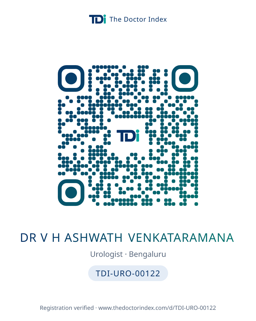 QR card for Dr V H Ashwath Venkataramana, TDI-URO-00122
