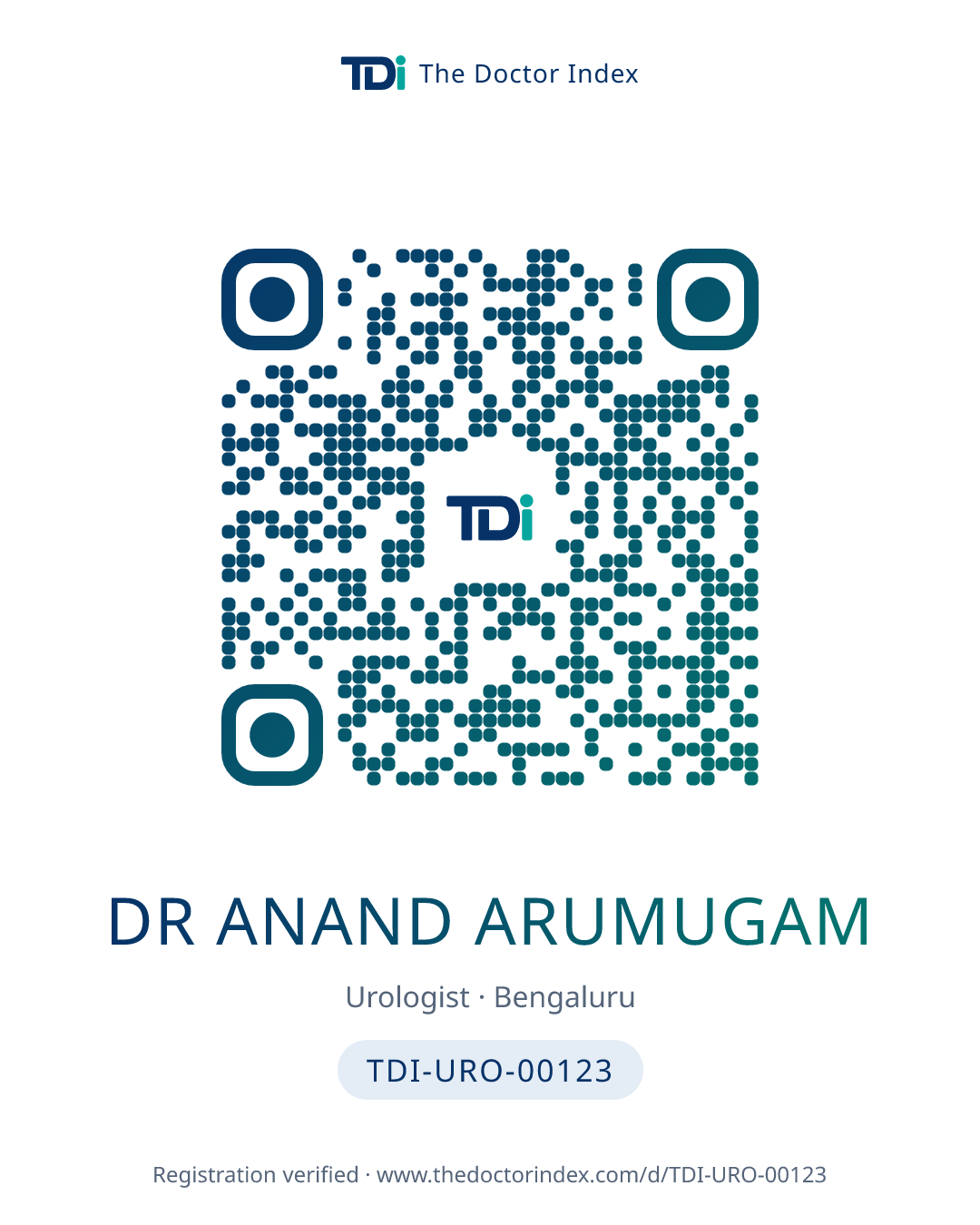 QR card for Dr Anand Arumugam, TDI-URO-00123