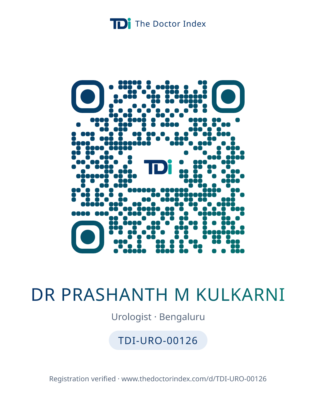 QR card for Dr Prashanth M Kulkarni, TDI-URO-00126