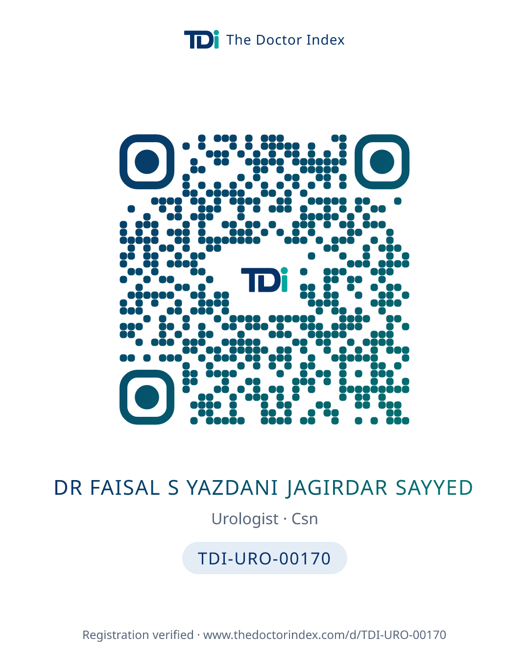 QR card for Dr Faisal S Yazdani Jagirdar Sayyed, TDI-URO-00170