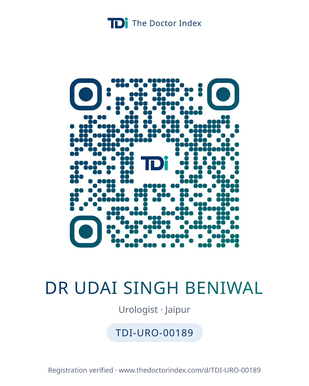 QR card for Dr Udai Singh Beniwal, TDI-URO-00189