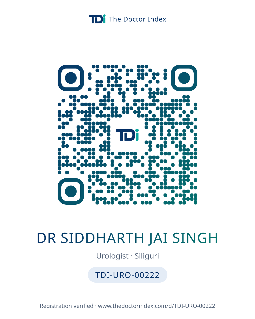 QR card for Dr Siddharth Jai Singh, TDI-URO-00222