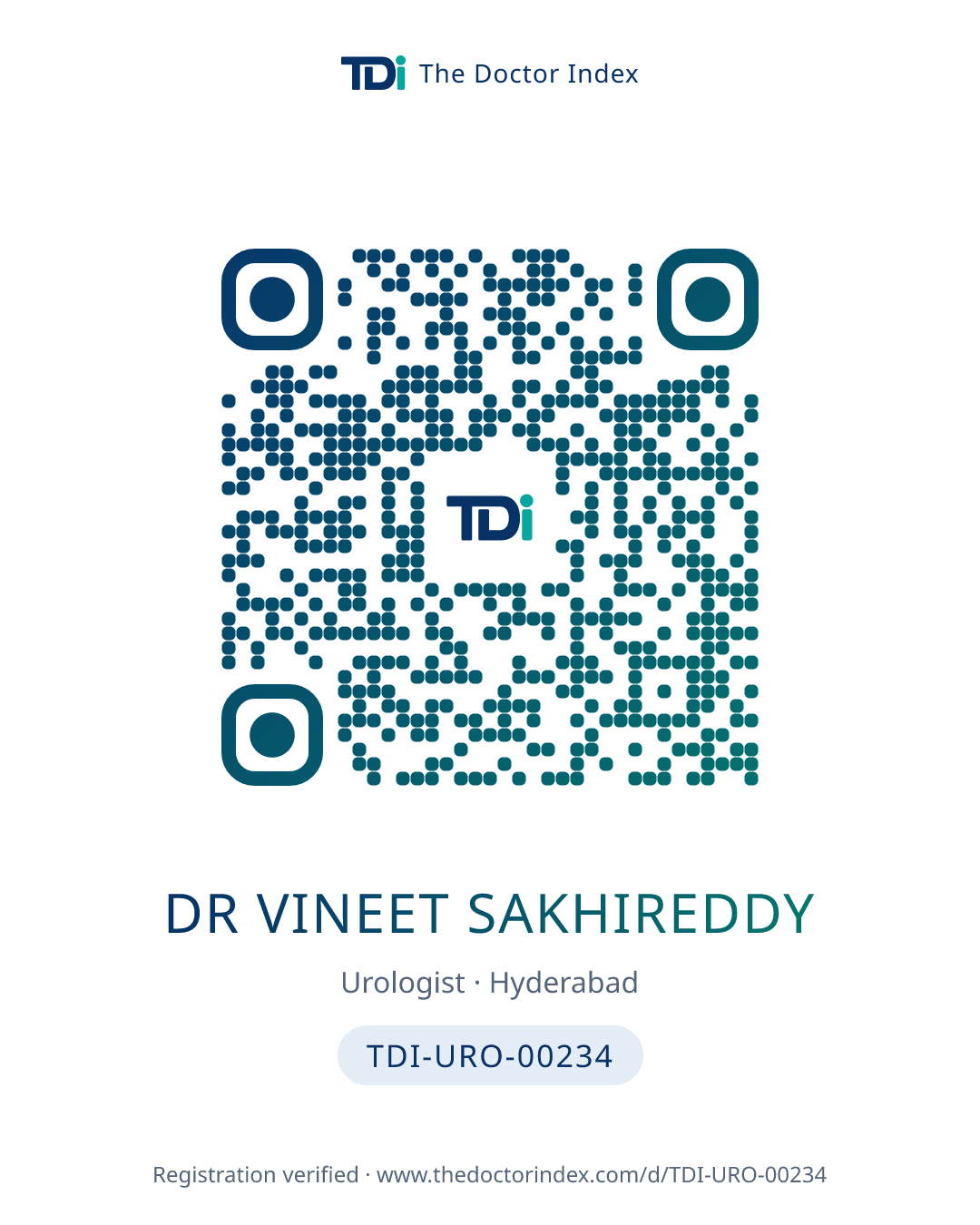 QR card for Dr Vineet Sakhireddy, TDI-URO-00234