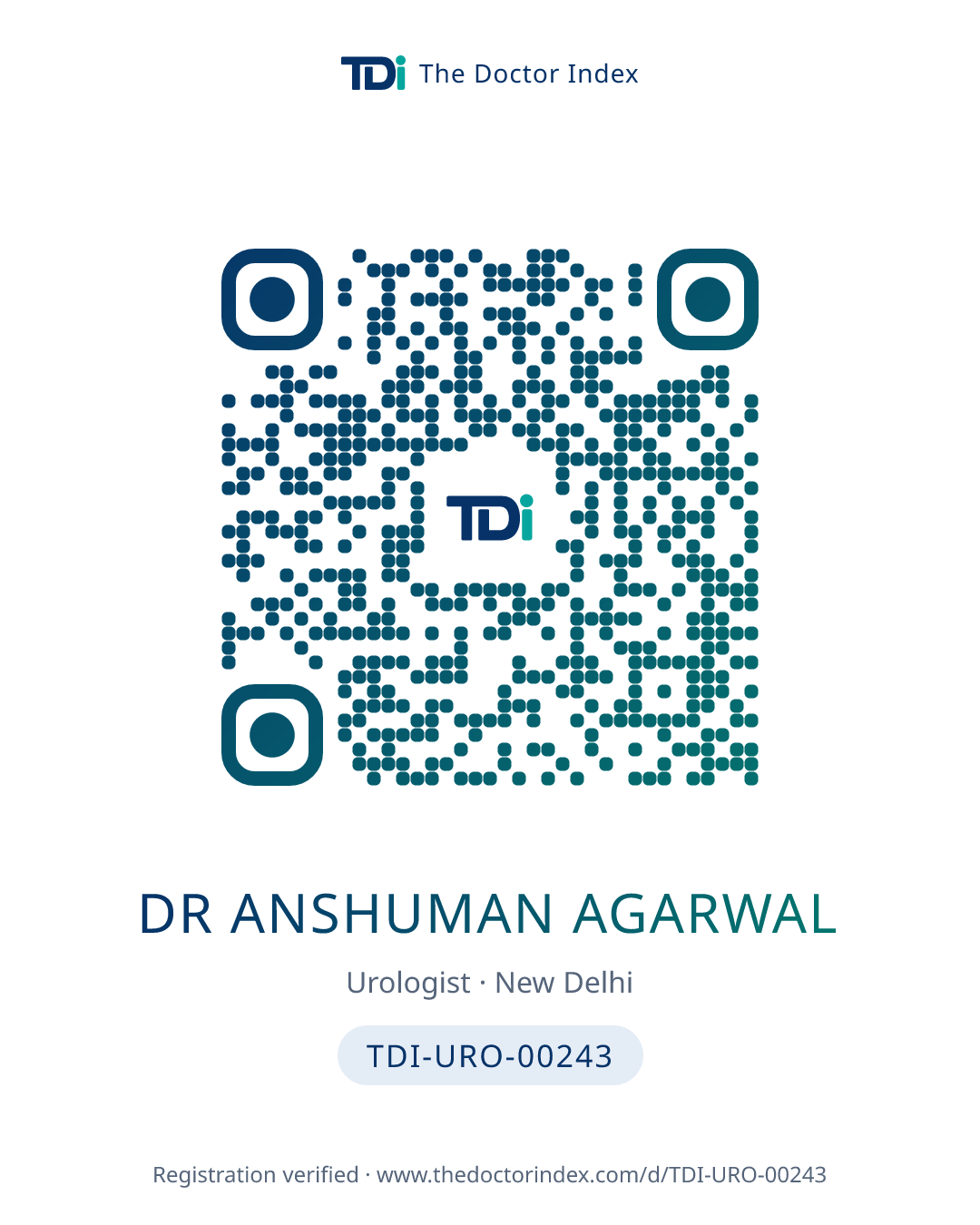 QR card for Dr Anshuman Agarwal, TDI-URO-00243