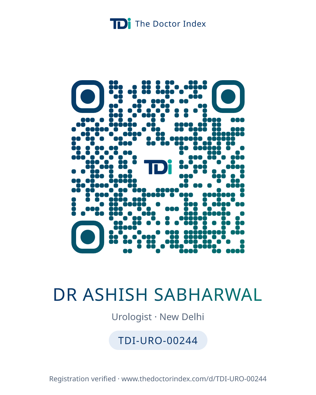 QR card for Dr Ashish Sabharwal, TDI-URO-00244