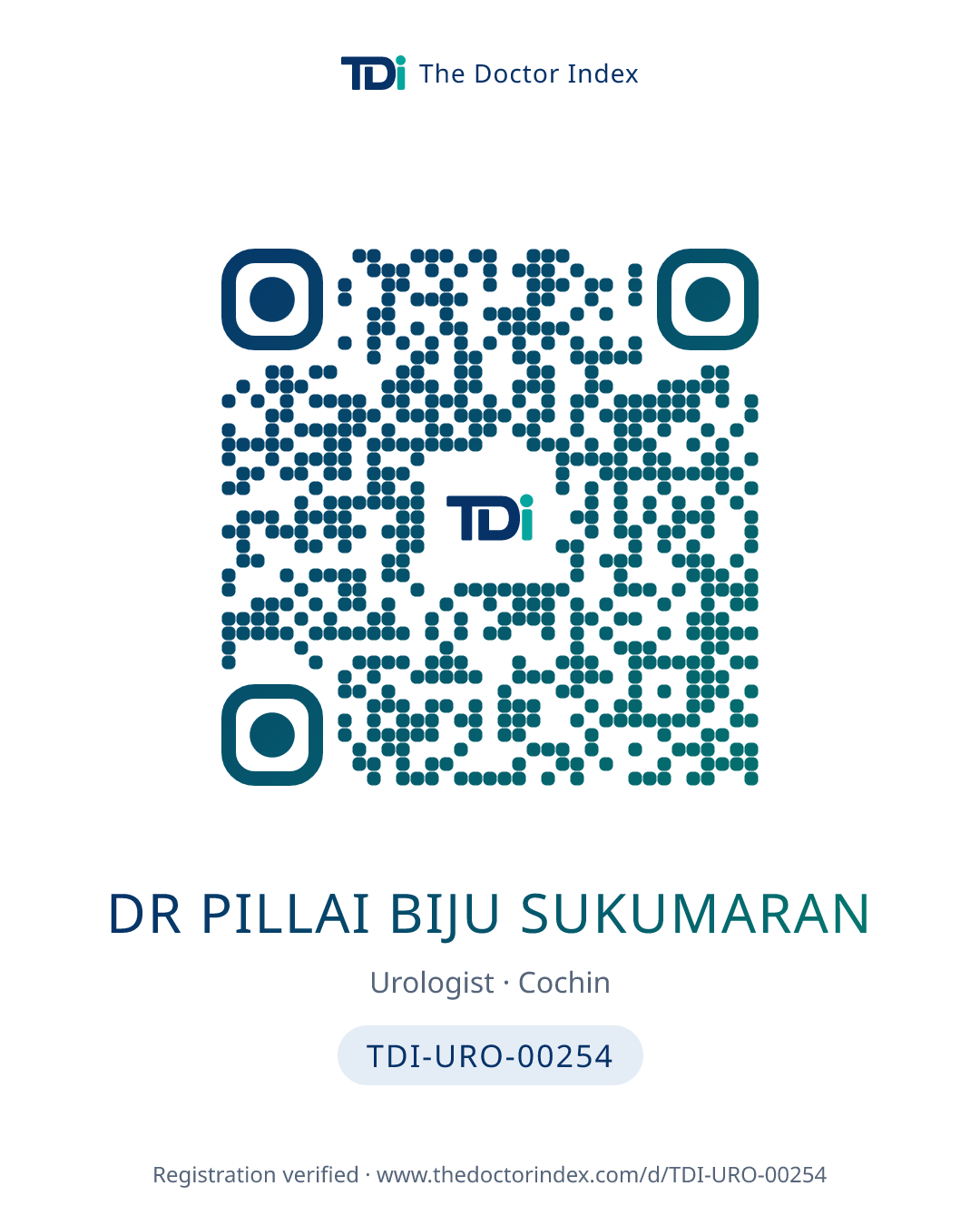 QR card for Dr Pillai Biju Sukumaran, TDI-URO-00254