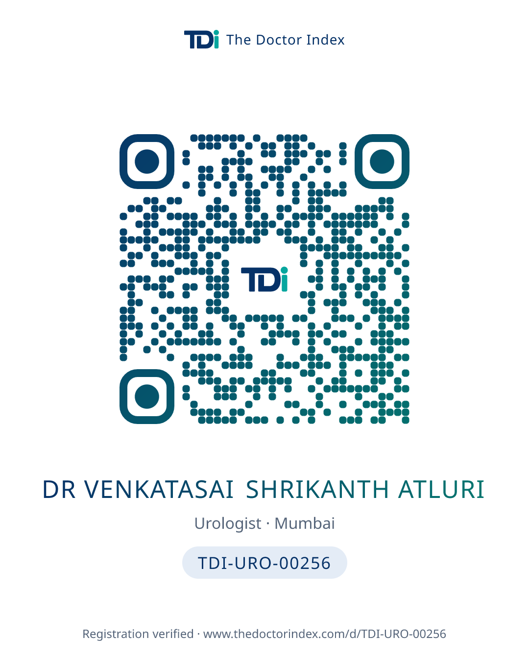 QR card for Dr Venkatasai Shrikanth Atluri, TDI-URO-00256