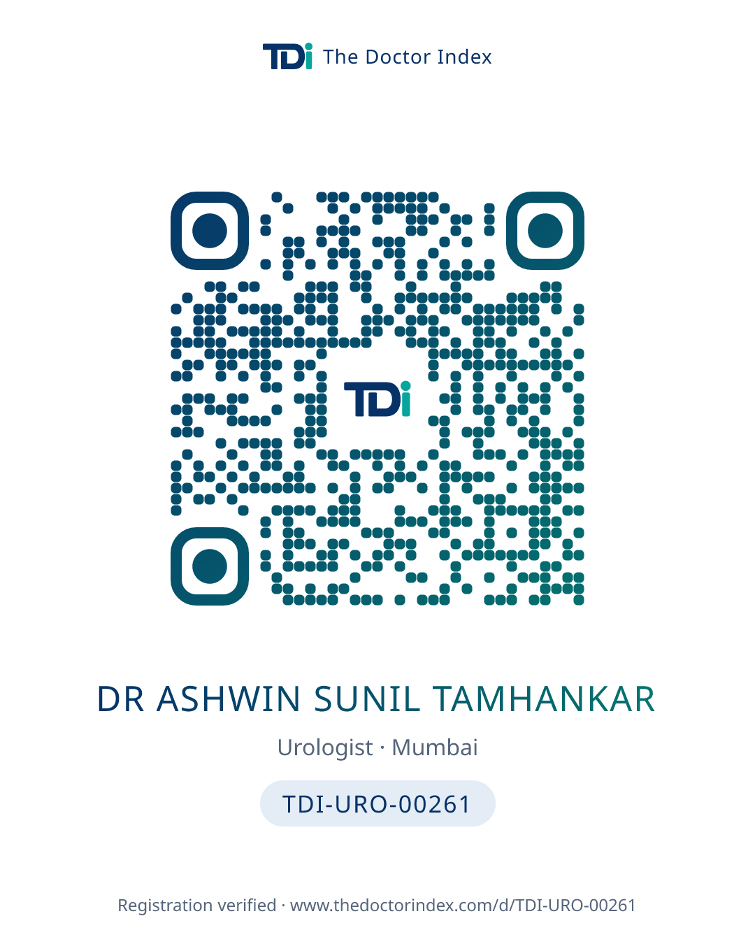 QR card for Dr Ashwin Sunil Tamhankar, TDI-URO-00261